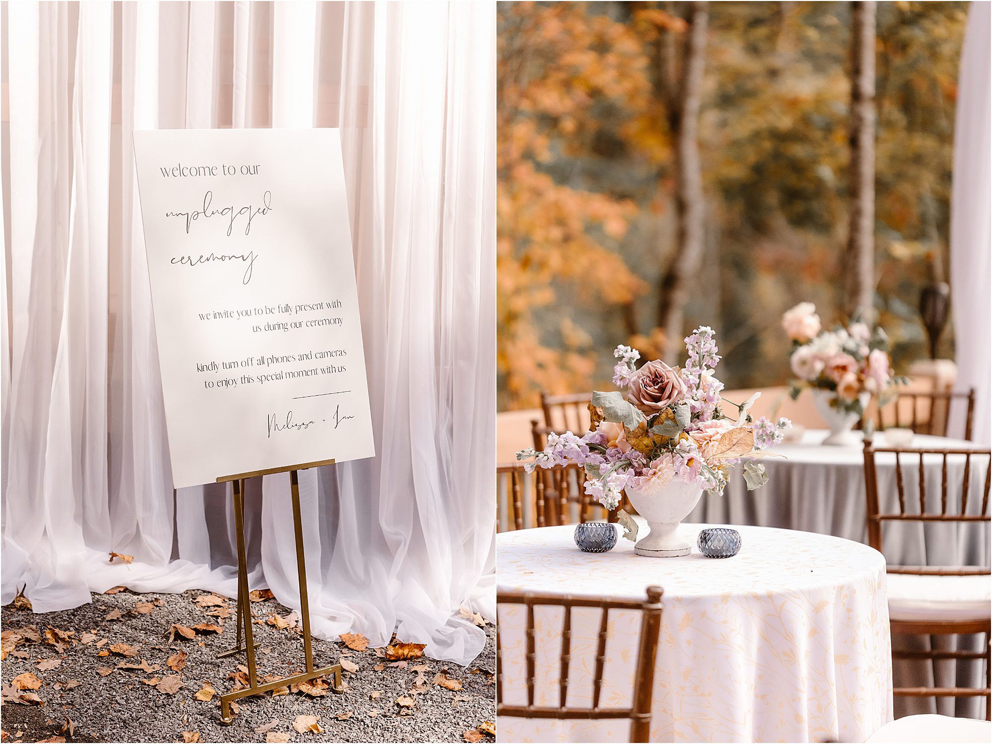wedding sign in front of while fabric and reception floral centerpieces on high-top tables