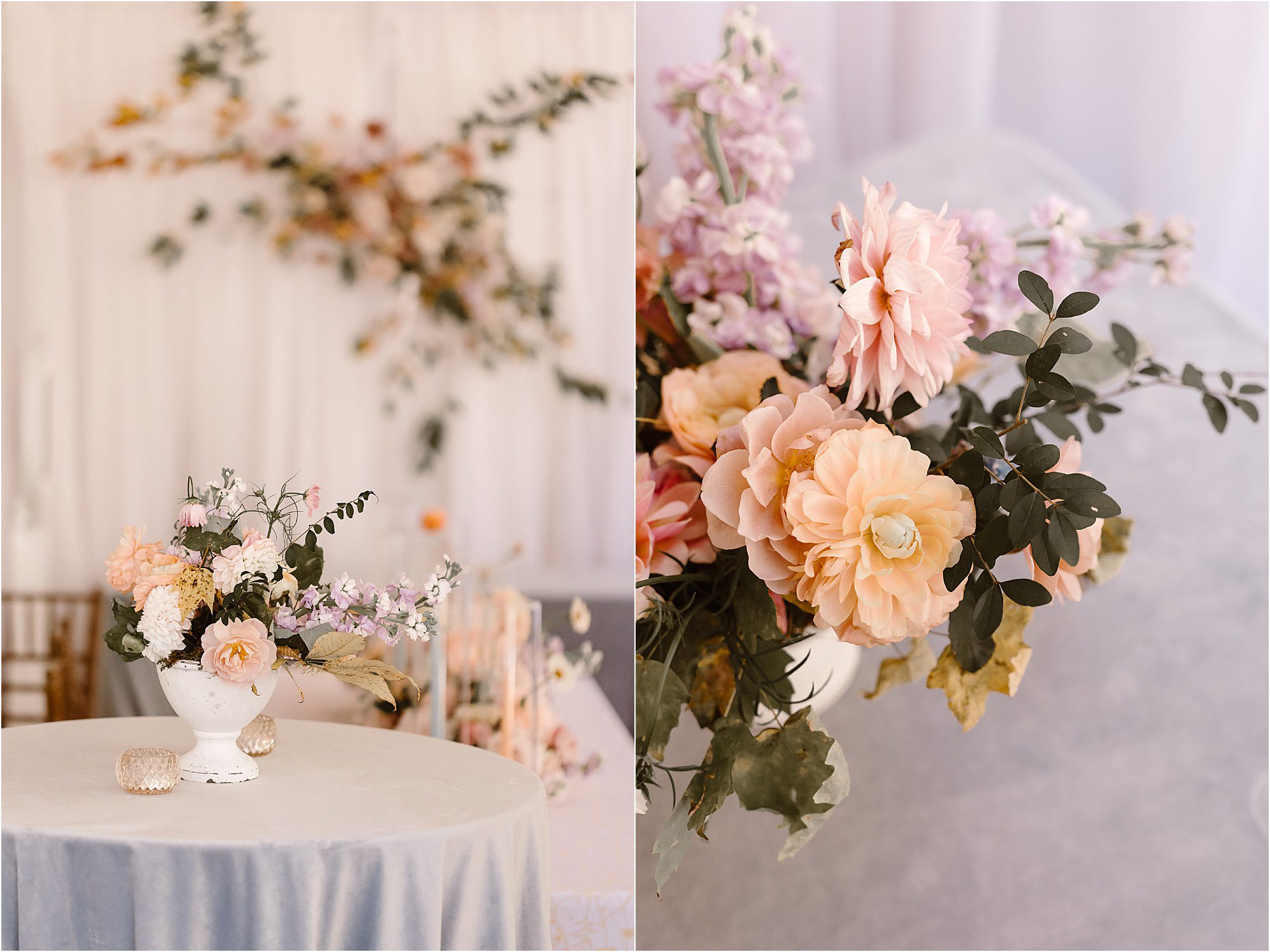 stunning floral reception arrangements with blush peonies and blue velvet tablecloths