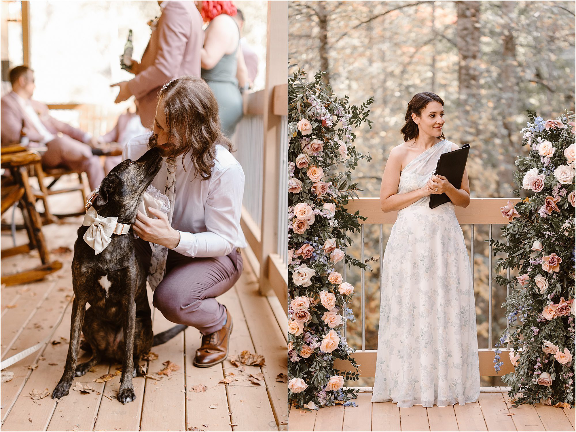 groom kisses black dog and woman stands near ceremony arbor on deck