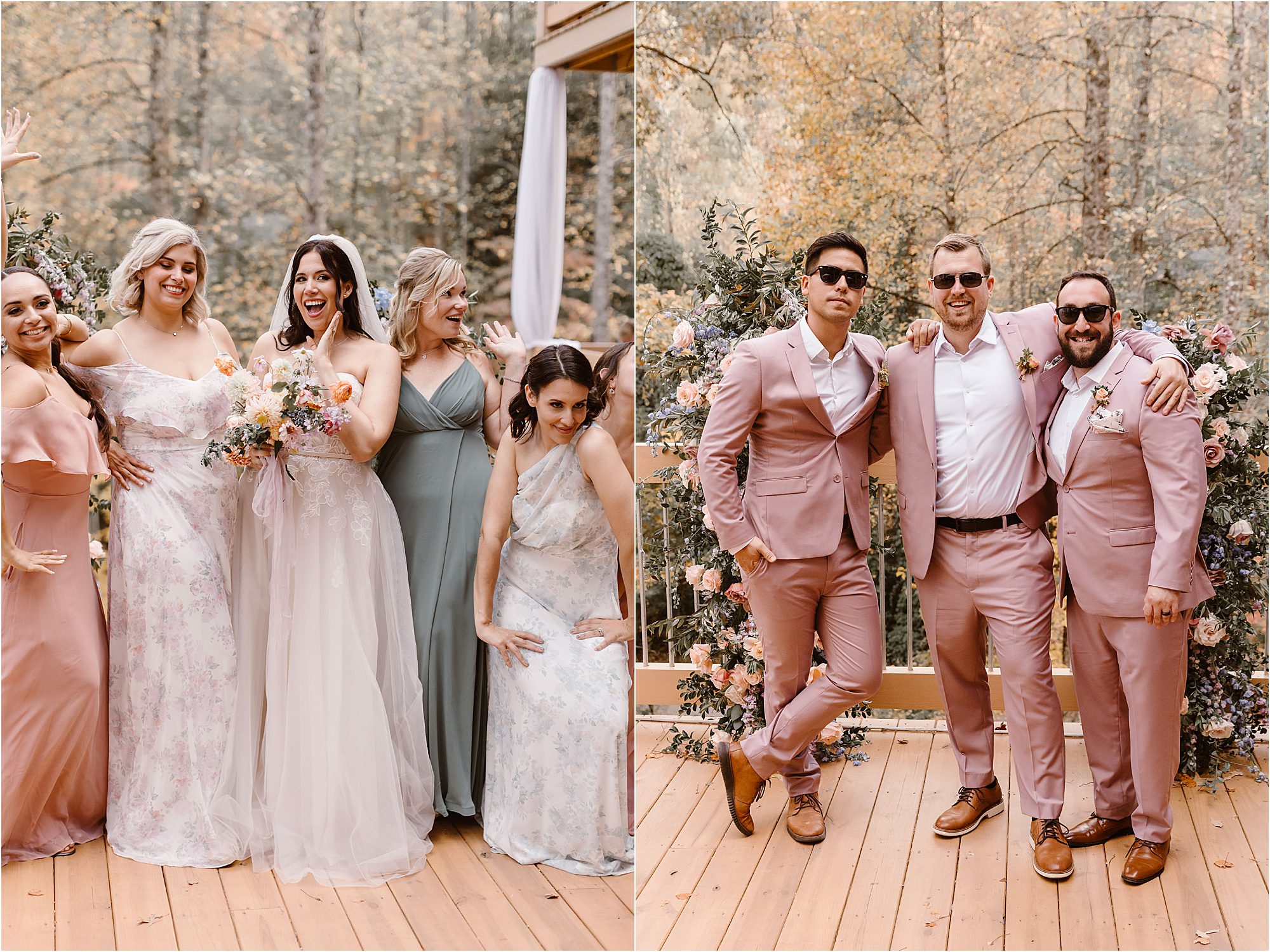 fun wedding photos with bridesmaids and groomsmen on private cabin deck