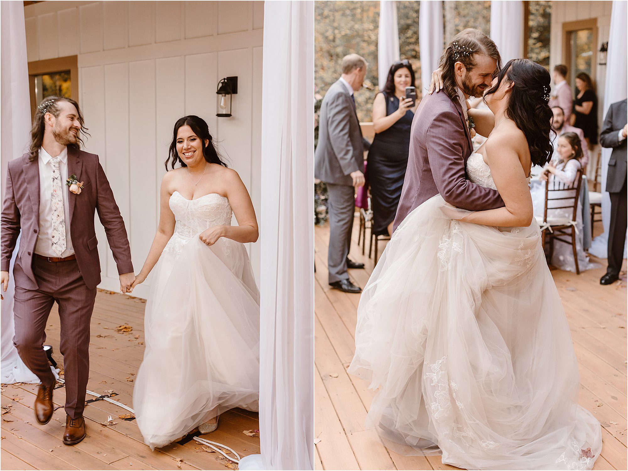 bride and groom hold hands and walk into reception to first dance