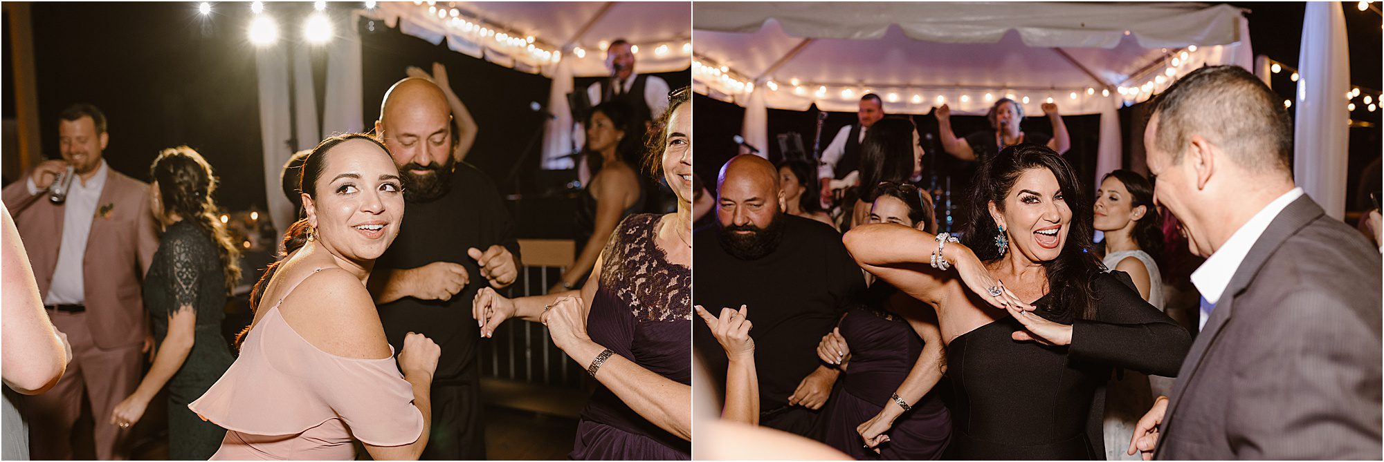 wedding guests dance on dance floor at wedding reception with live band