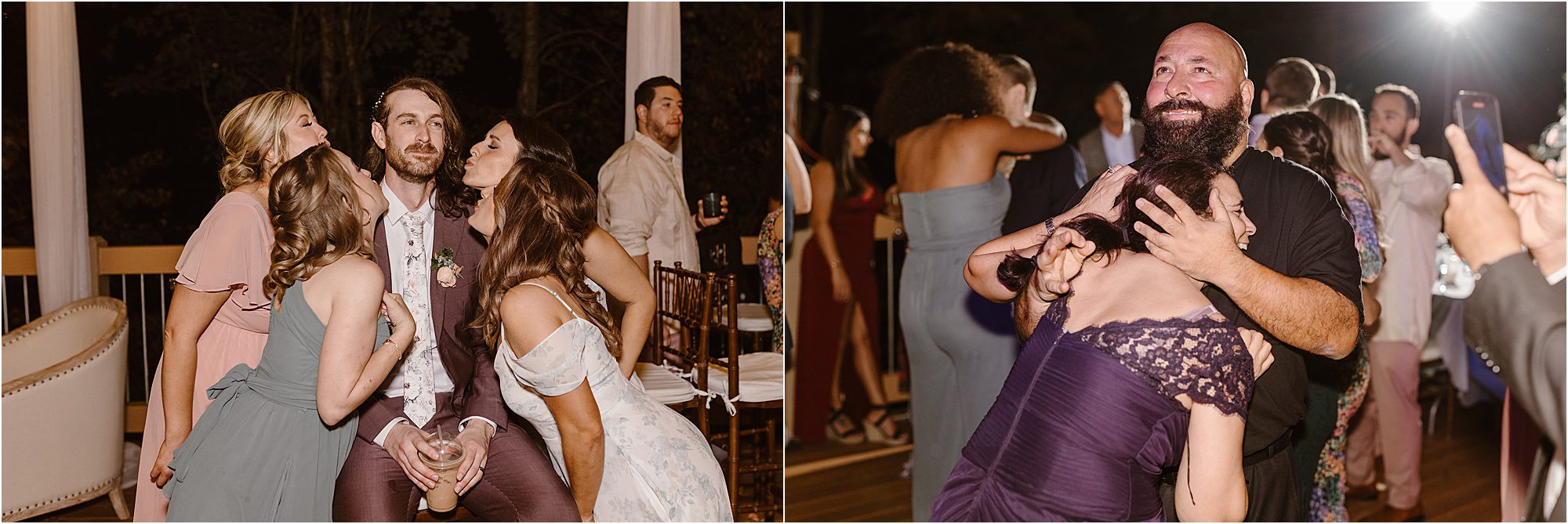 bridesmaids have fun with groom and dance at wedding reception