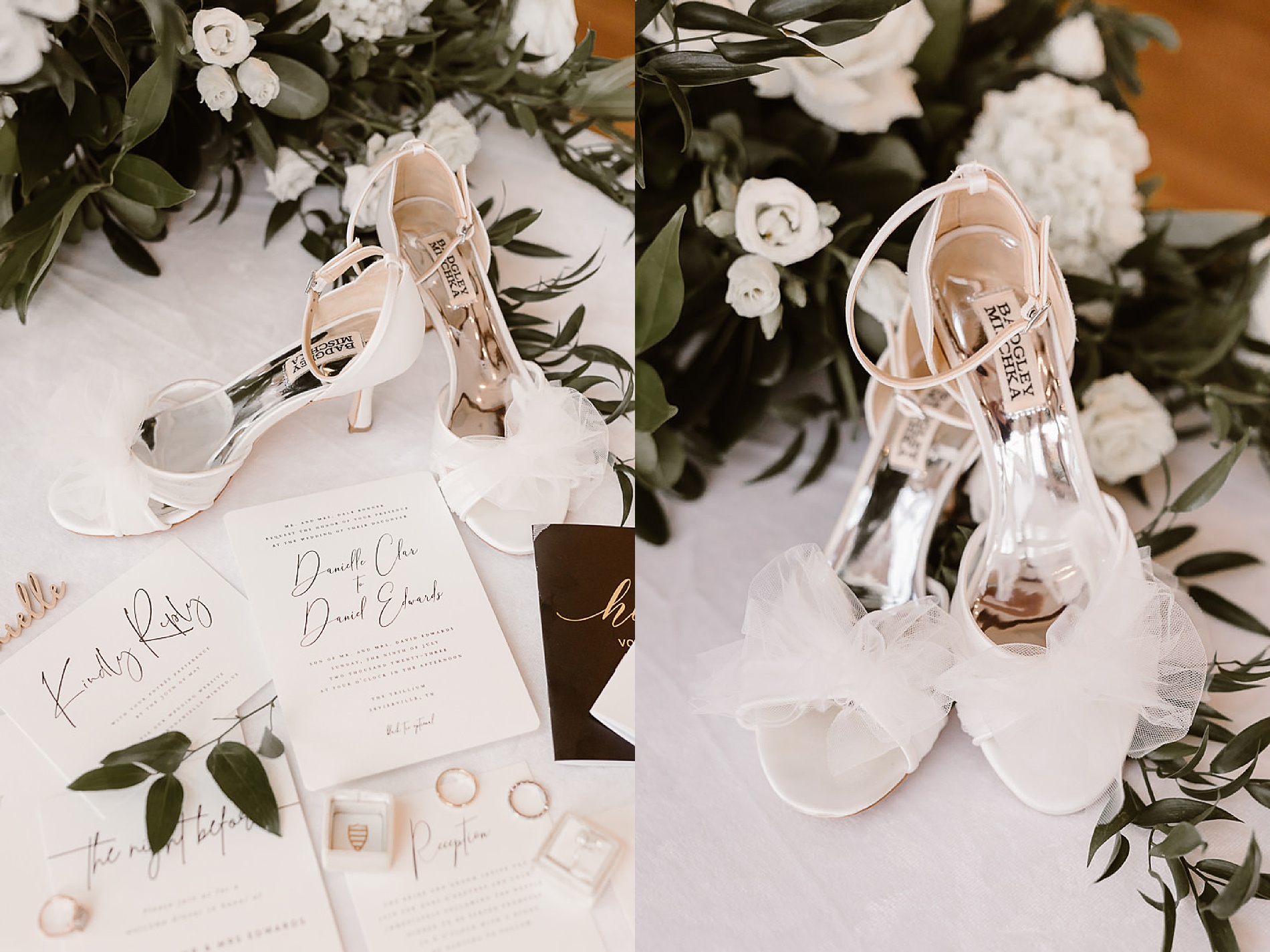 wedding flat lay in white, black, and green