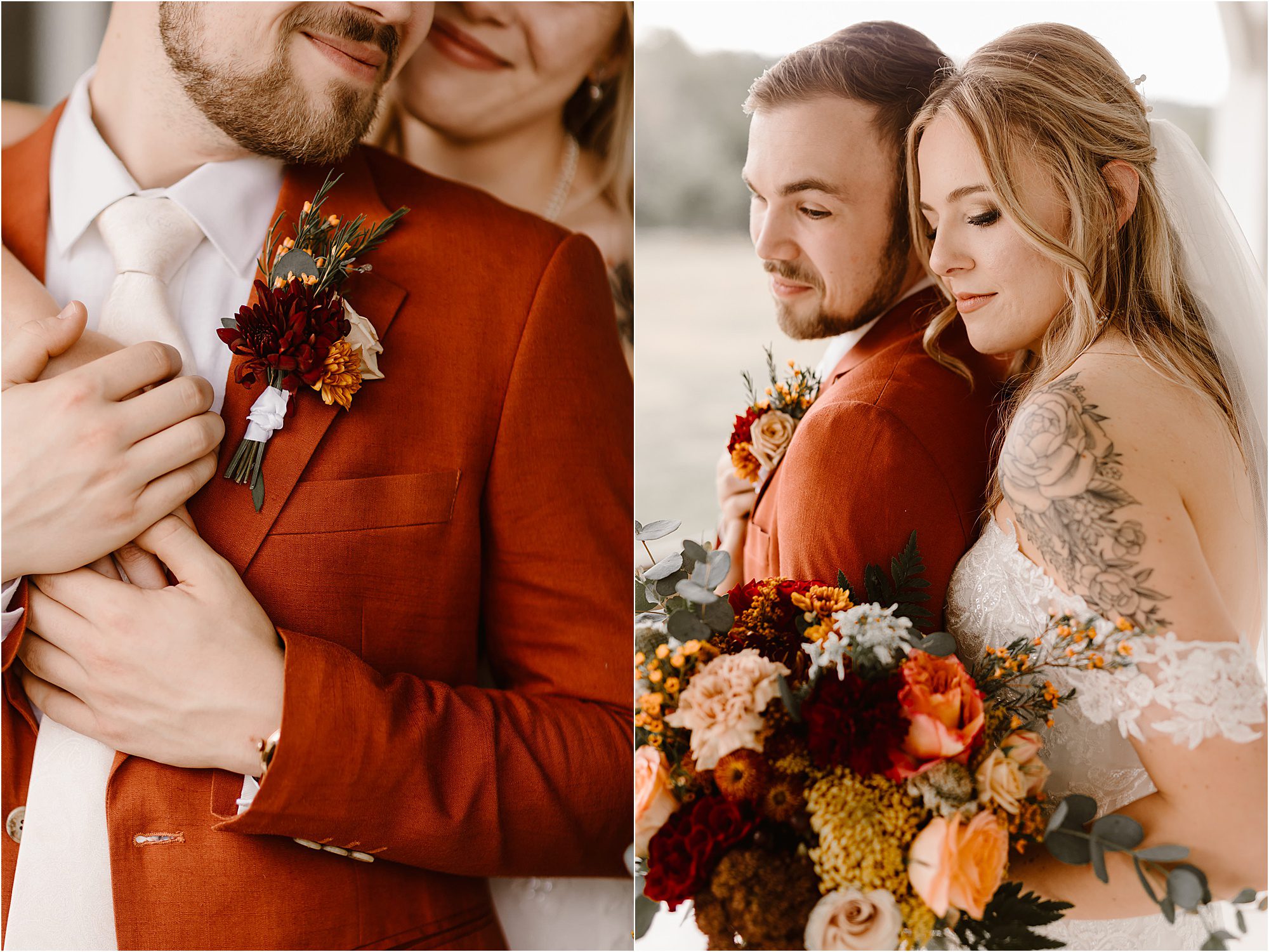 groom and bride hugging while holding fall wedding bouquet