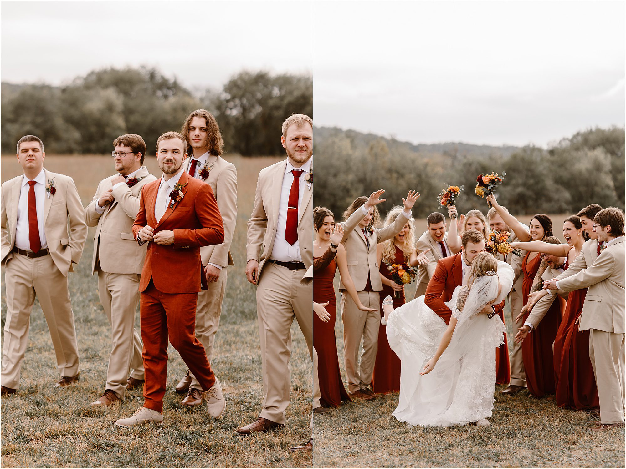 wedding party photos in field at rustic wedding