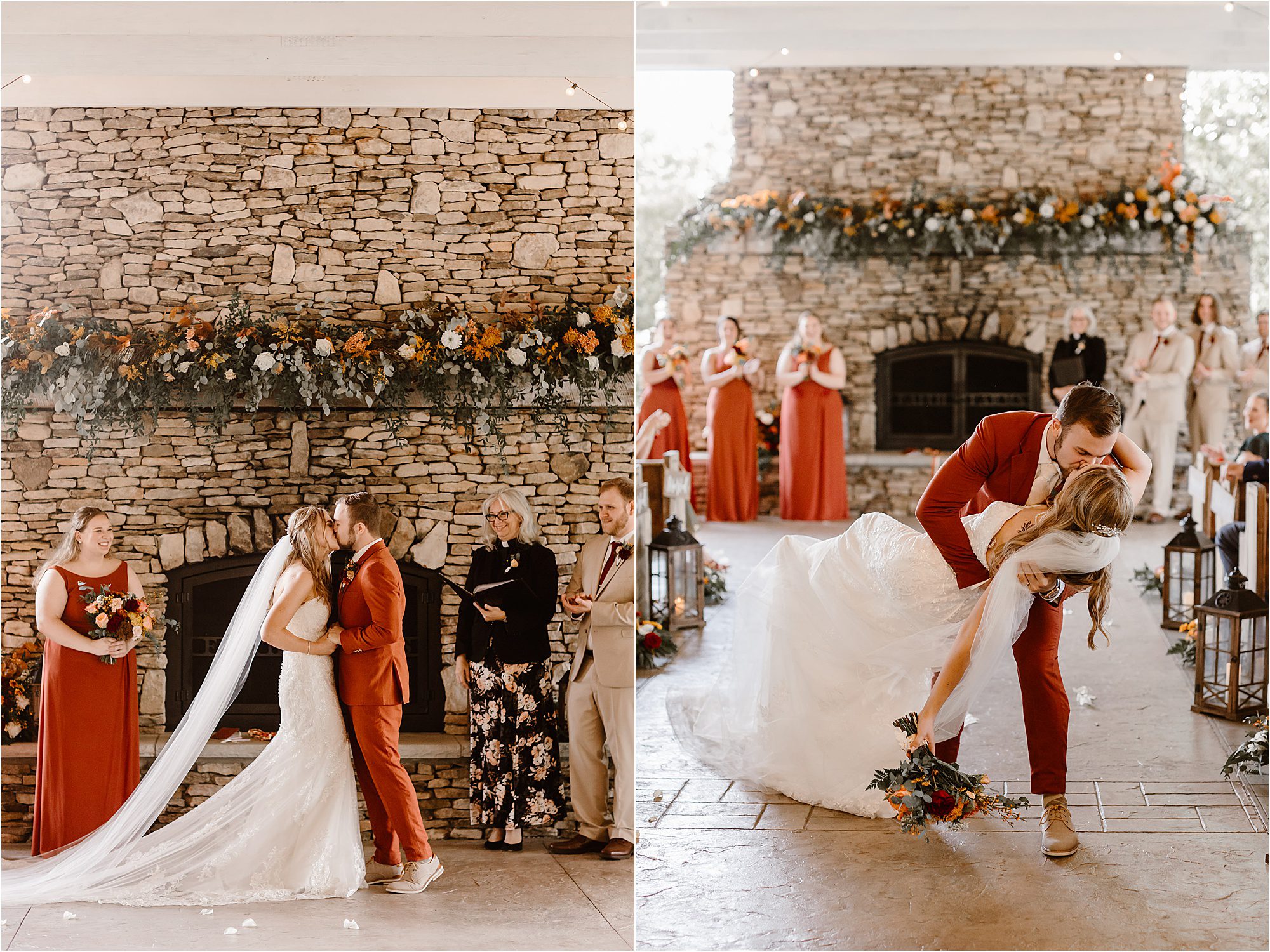 bride and groom kiss and walk down wedding aisle at The Barn at Faith Farms
