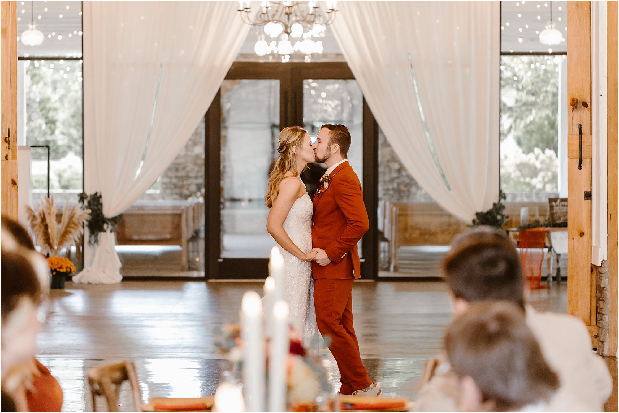 first kiss at reception dance at fall wedding in Tennessee