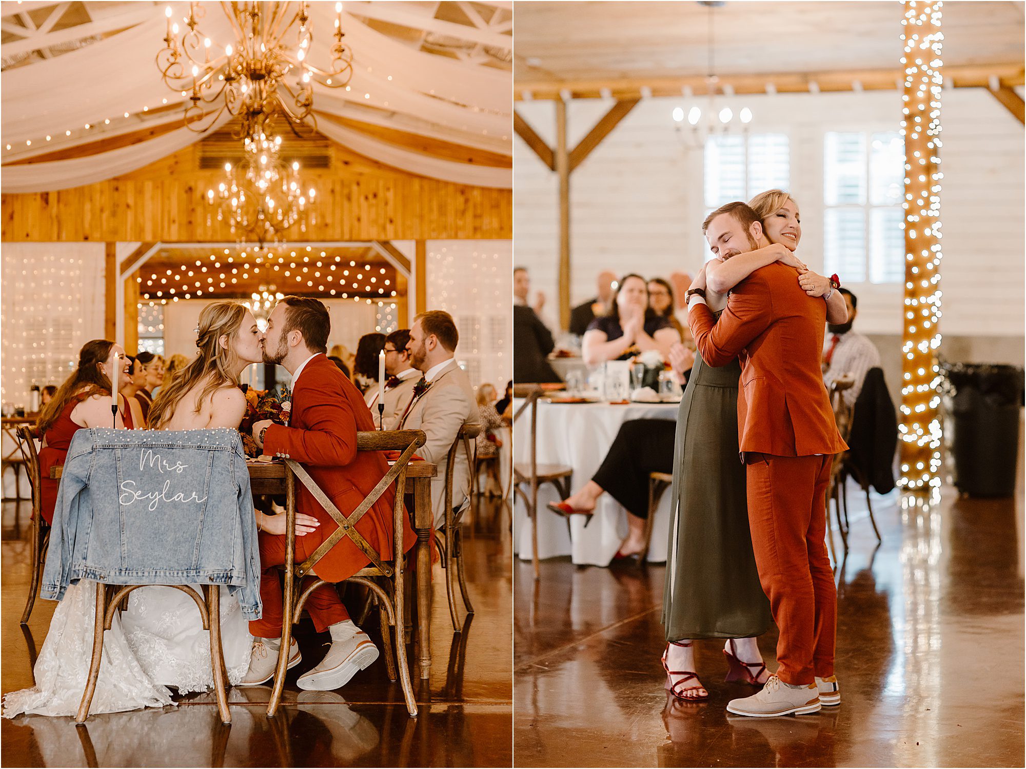 bride and groom kiss at dinner table during reception