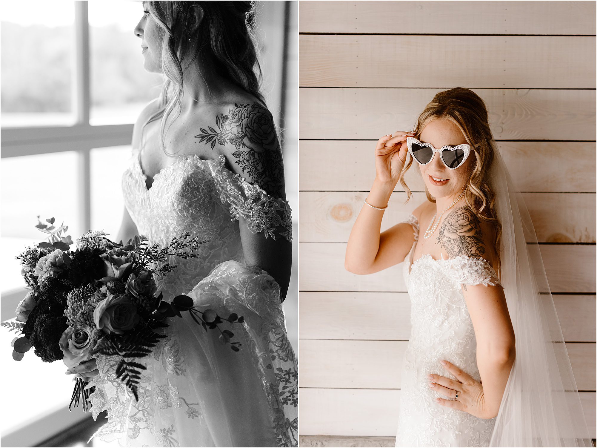 bridal photos with white heart-shaped sunglasses