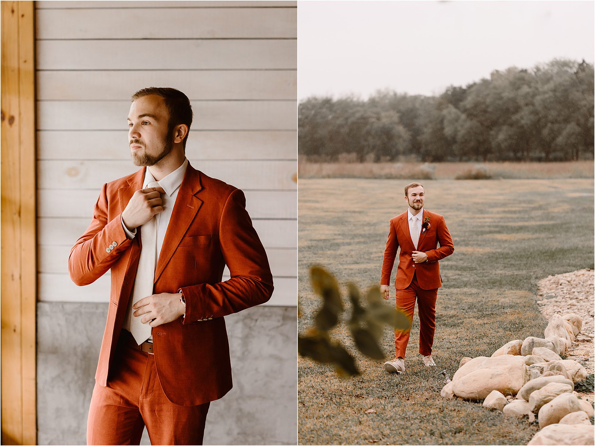groom in burnt orange suit at rustic wedding venue in Athens, TN