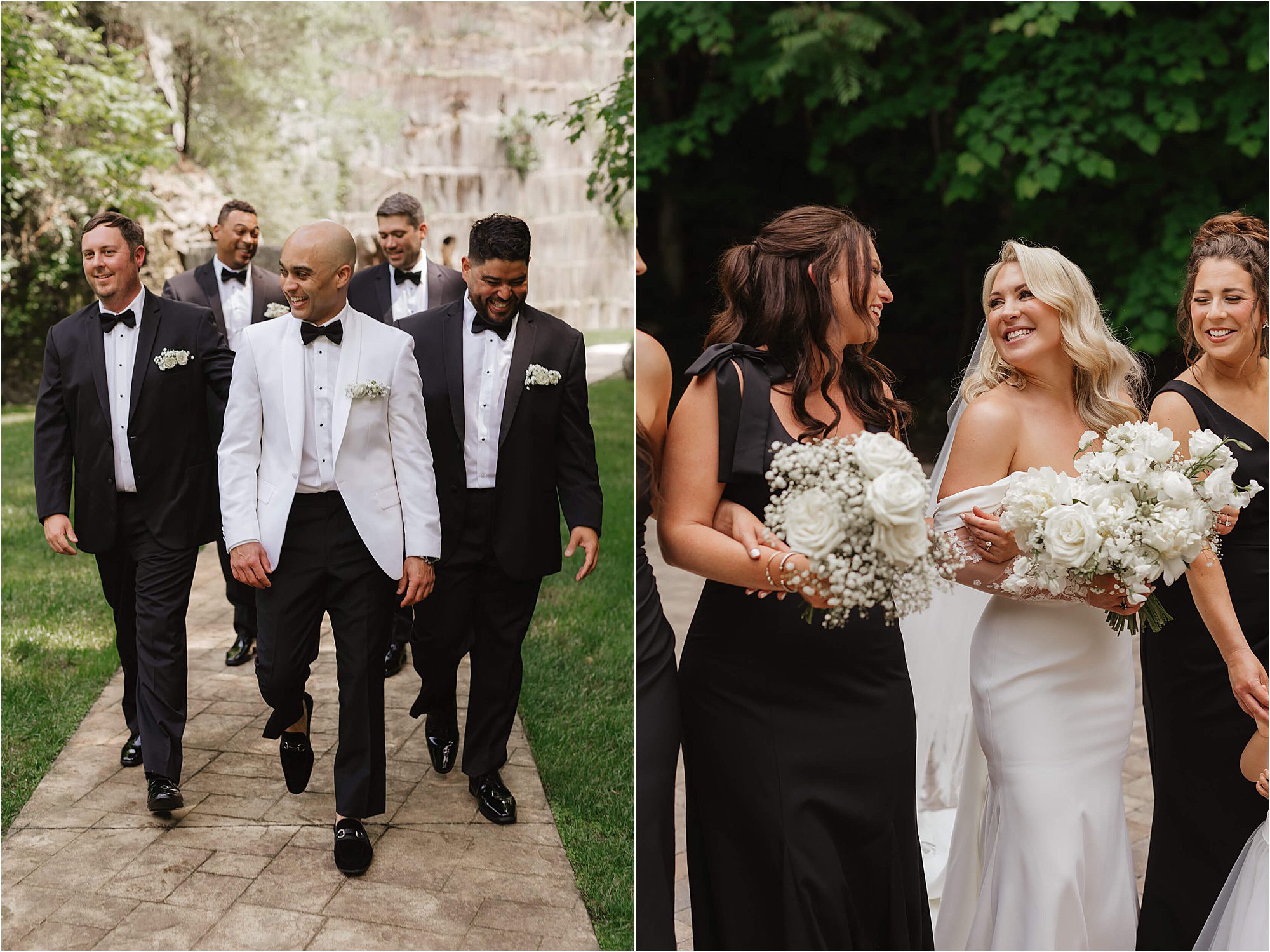 Split image: Left shows men in tuxedos walking on a path, one in a white jacket. Right shows women in black dresses and one in a white wedding gown holding a bouquet featuring delicate Baby’s Breath, all smiling outdoors.