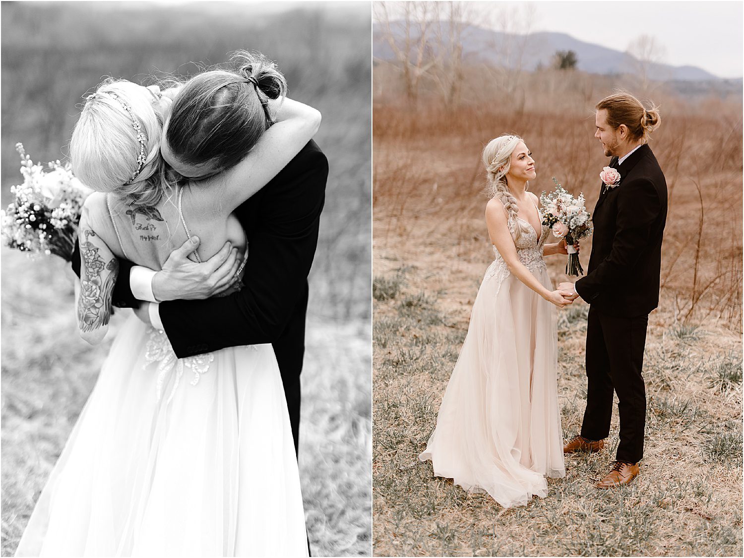 groom and bride first look at winter wedding in Cades Cove