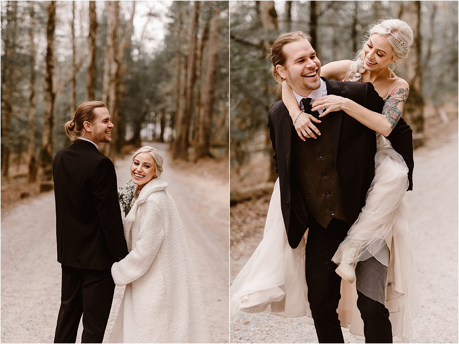 groom carries bride on piggyback during elopement at Primitive Baptist Church