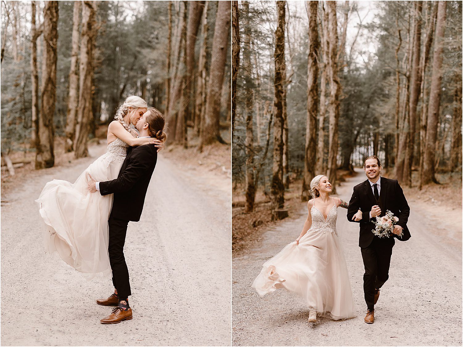 bride and groom laugh and run on gravel road in elopement ceremony