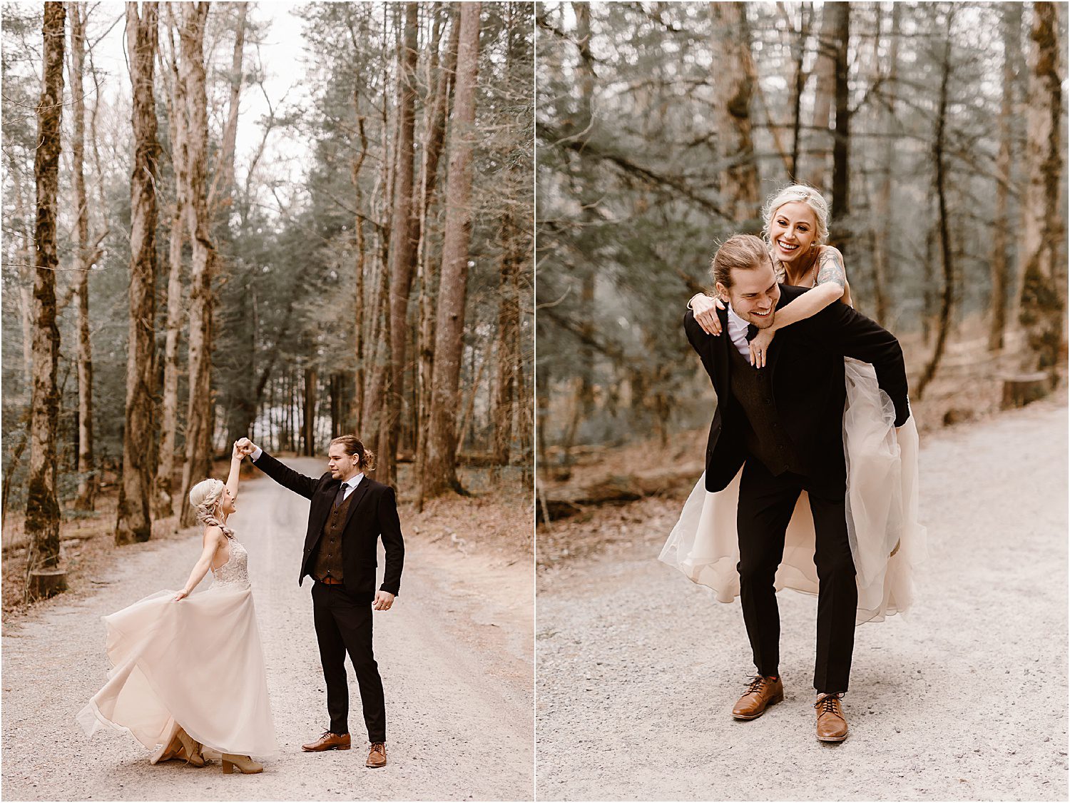 piggyback bride and groom elope in Cades Cove in Tennessee