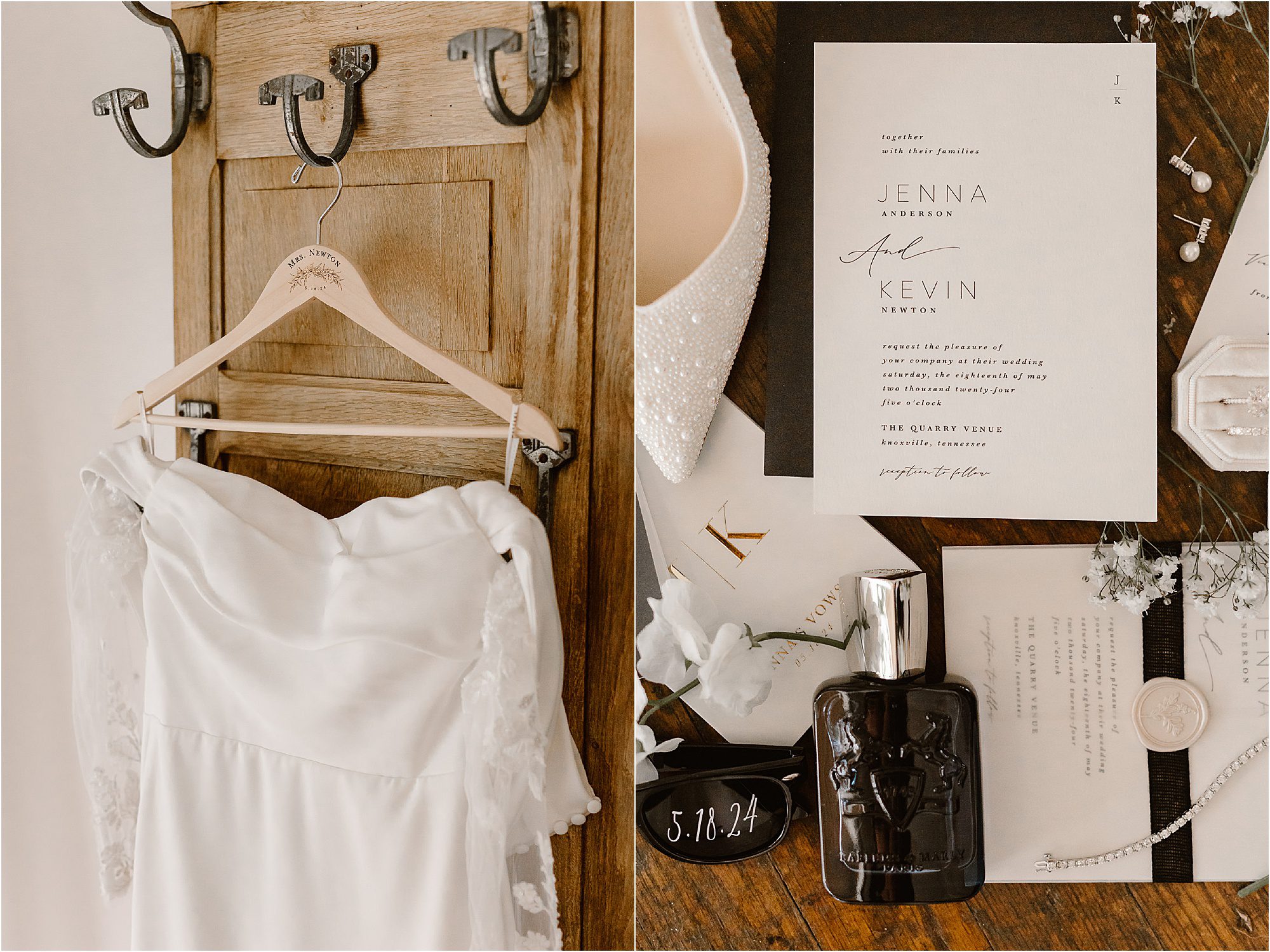 monochrome black and white wedding details including dress and invitations