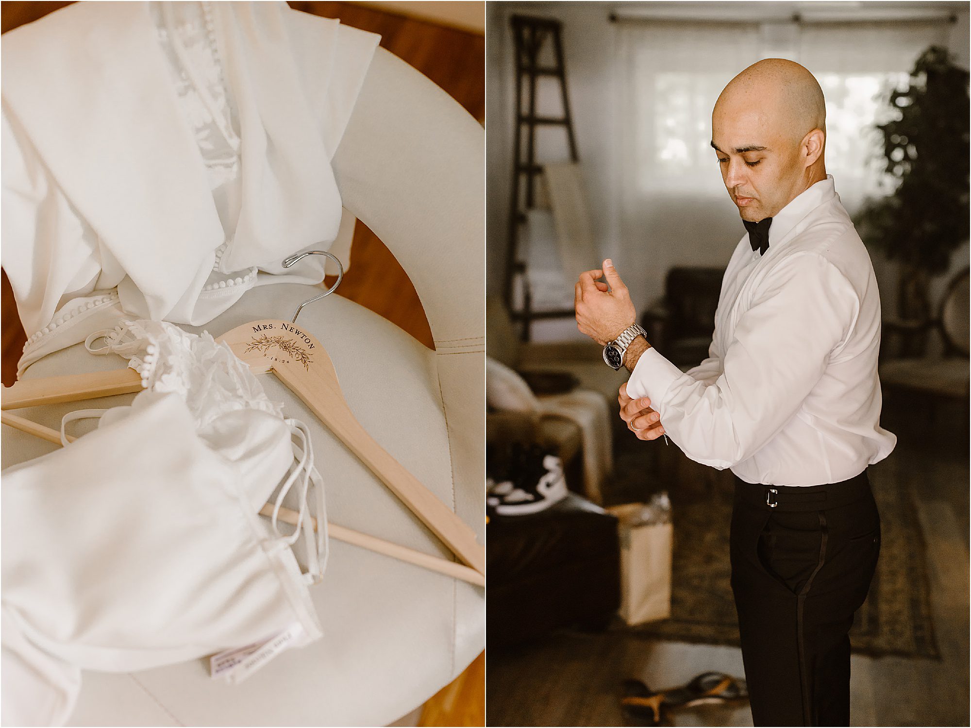 bride and groom getting ready on wedding day