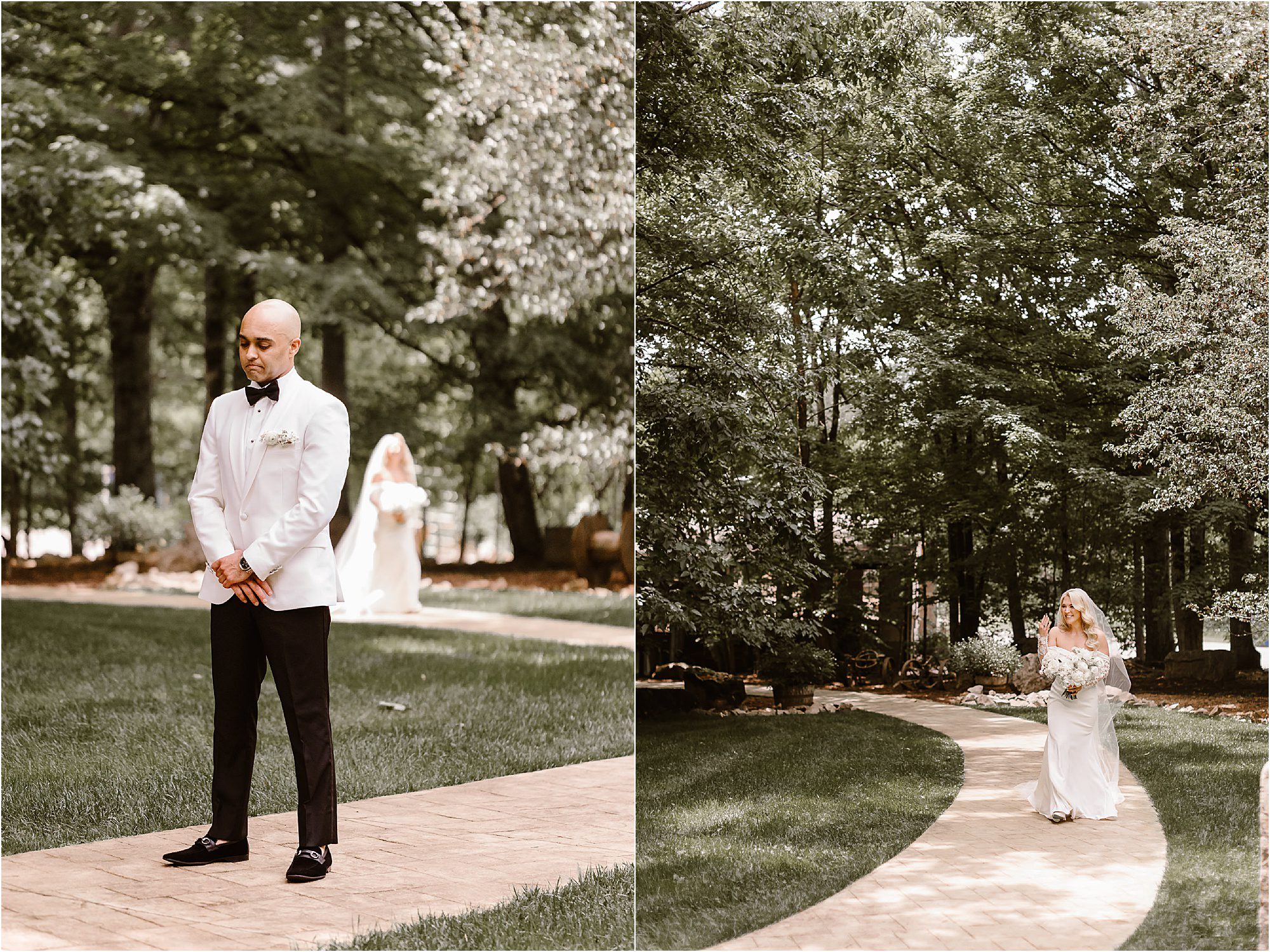 emotional first look at wedding venue with bride and groom