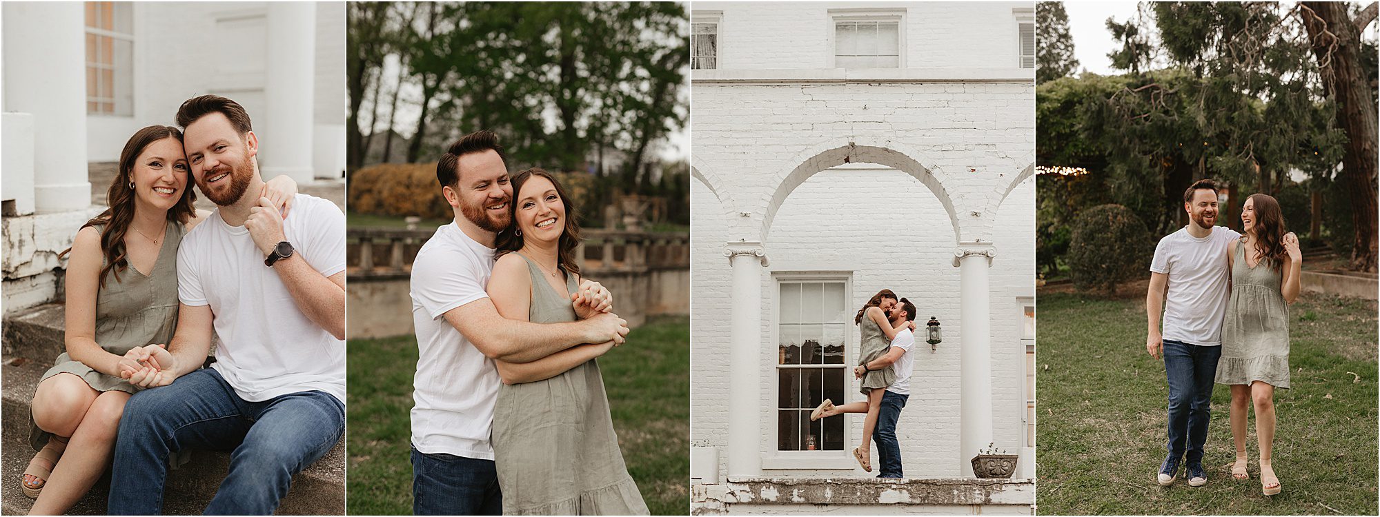 A couple poses affectionately for Bleak House family photos in four outdoor scenes. They sit on steps, embrace near a white building, kiss under an arch, and walk on grass. The woman wears a green dress, and the man wears a white shirt and jeans.