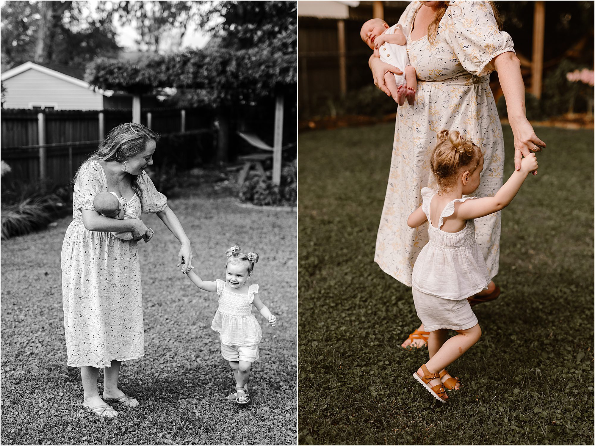 mother twirling little girl in backyard while holding baby