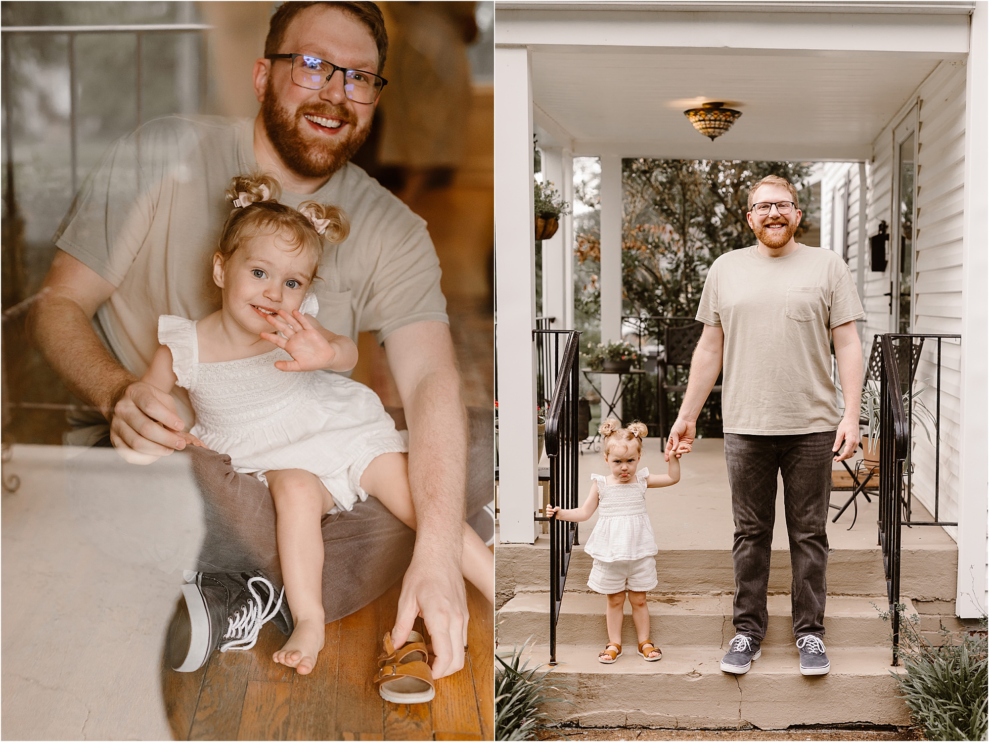 man holding child's hand and helping put on shoes