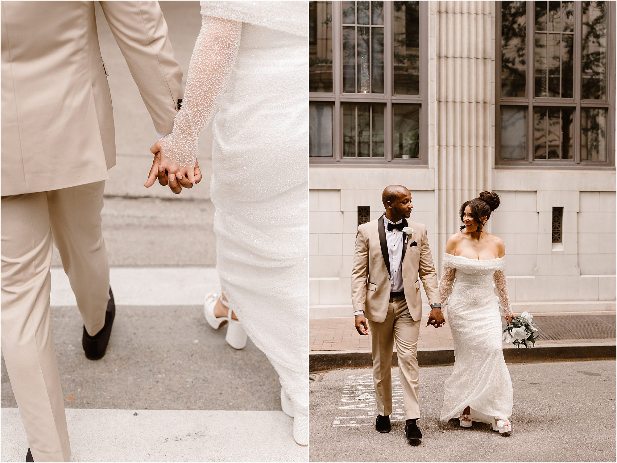 bride and groom hold hands and walk along street in downtown area