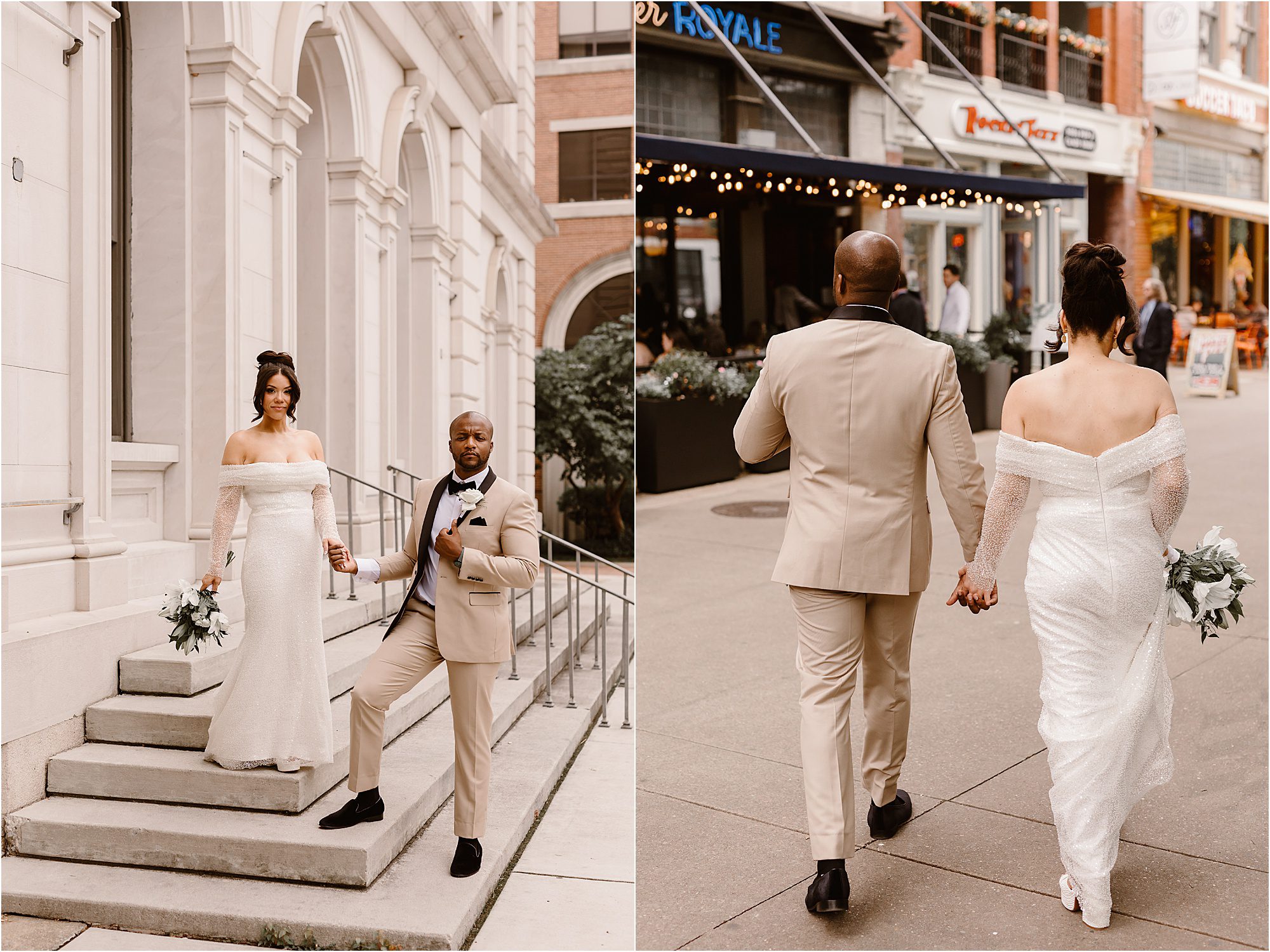 man and woman walk hand in hand at elopement in Market Square