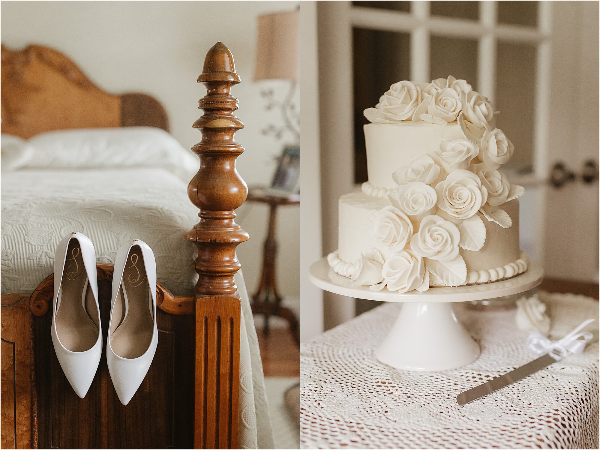 white wedding shoes on bed frame near white cake with white flowers