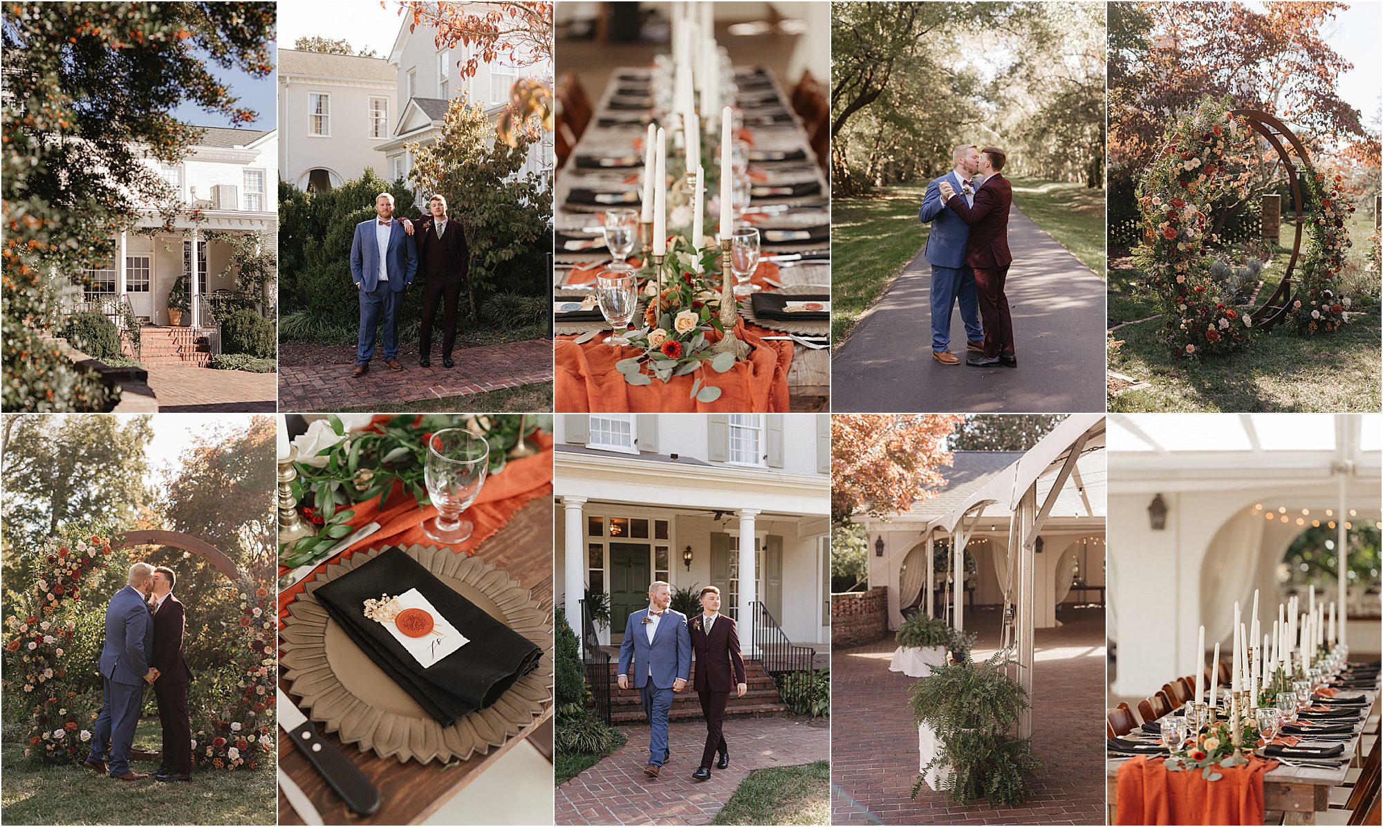 A collage of an elegant outdoor event: two people in suits, table settings with red and black decor, floral arches, and a stately building as a backdrop. Offers a glimpse of a Sunday wedding celebration with lush surroundings and detailed arrangements.
