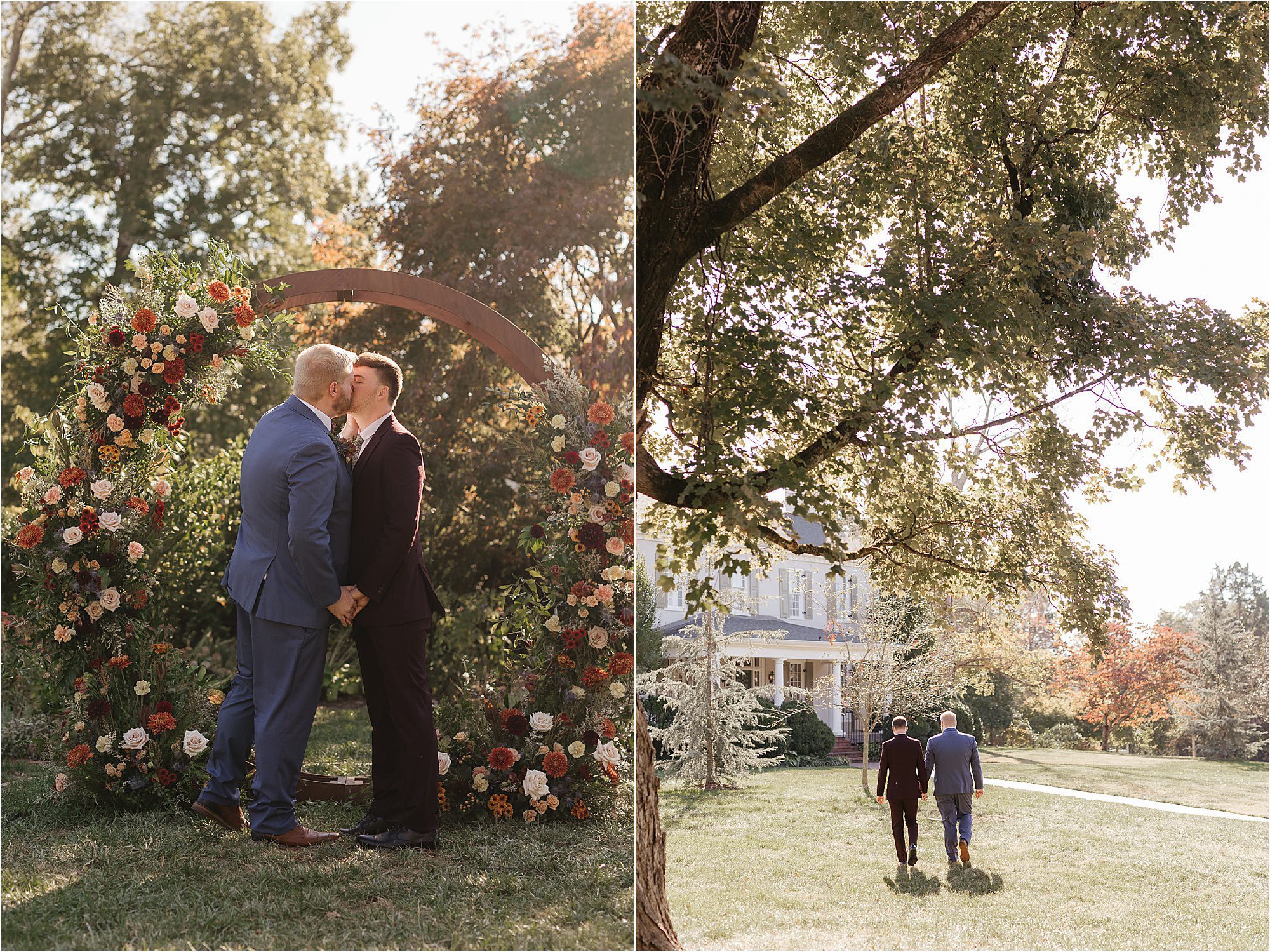 Two men in suits share a tender kiss beneath a floral arch on their Sunday wedding, surrounded by trees. In the next scene, they walk hand in hand toward a large white house set in a sunlit garden.