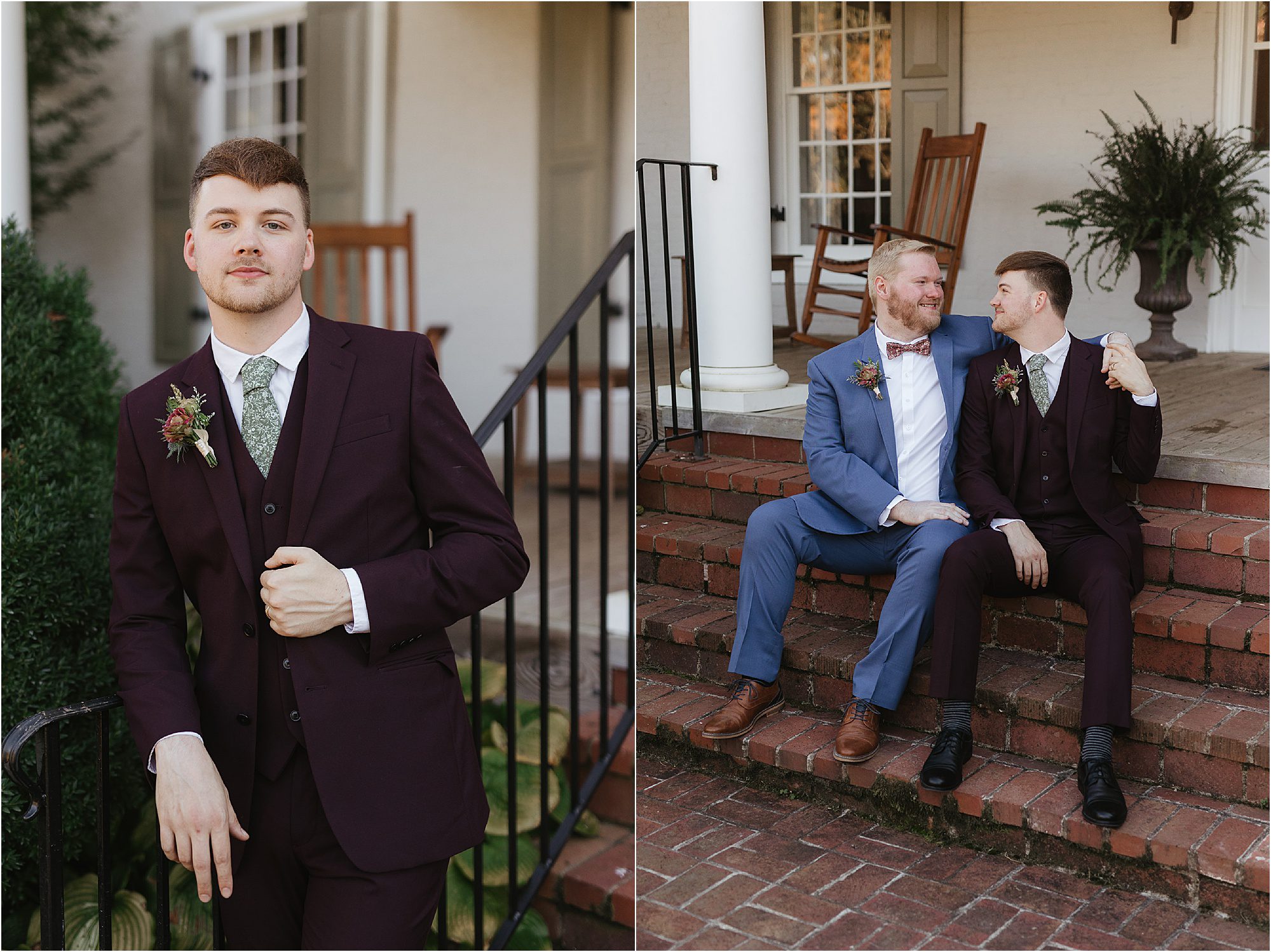 On the left, a man in a dark suit stands on steps with a boutonniere, capturing the elegance of a Sunday wedding. On the right, two men sit on steps in front of a building, one in a dark suit and the other in blue, sharing a joyful moment.