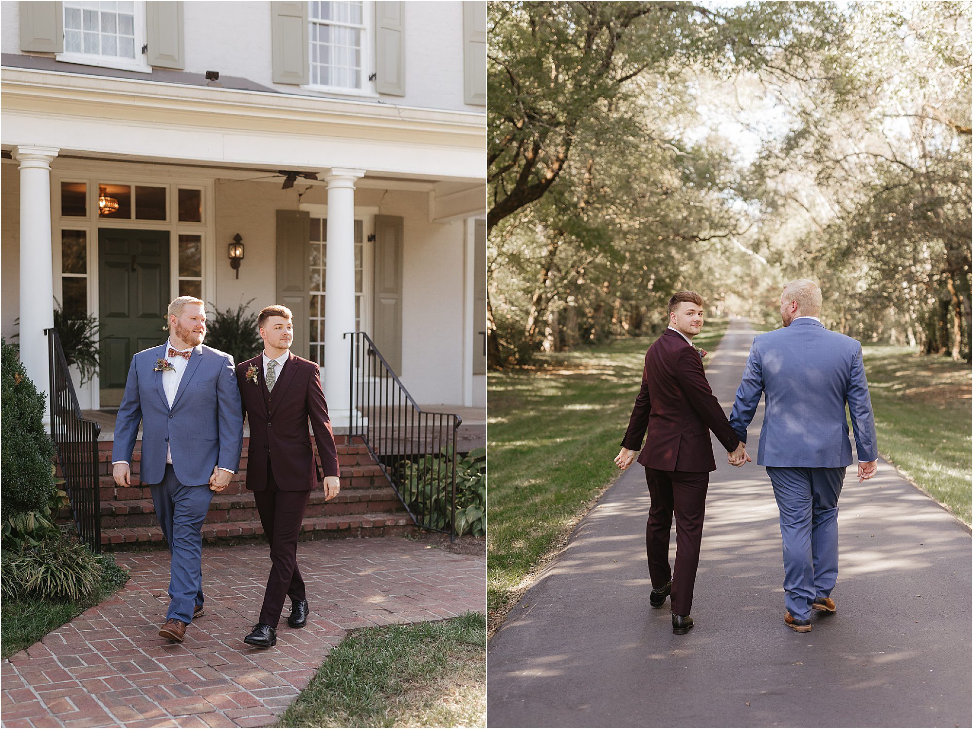 Two men in suits hold hands, celebrating their Sunday wedding. On the left, they walk out of a house with white columns. On the right, they stroll down a tree-lined path. The atmosphere is joyful and serene.