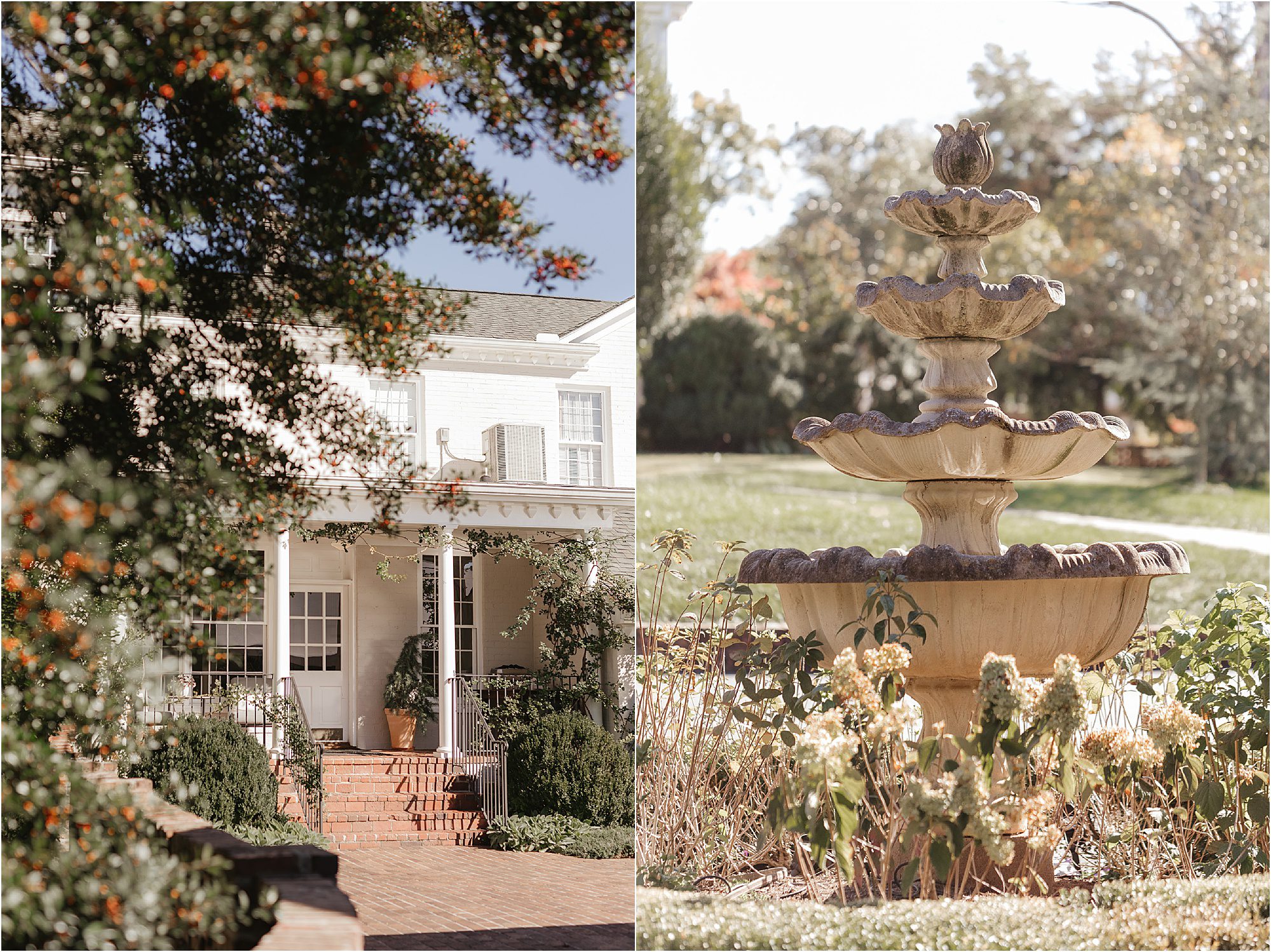 A sunny outdoor scene on a Sunday wedding features a white building on the left, with a porch and steps partially obscured by greenery. On the right, a multi-tiered stone fountain stands amidst lush garden plants, adding charm to this special day.