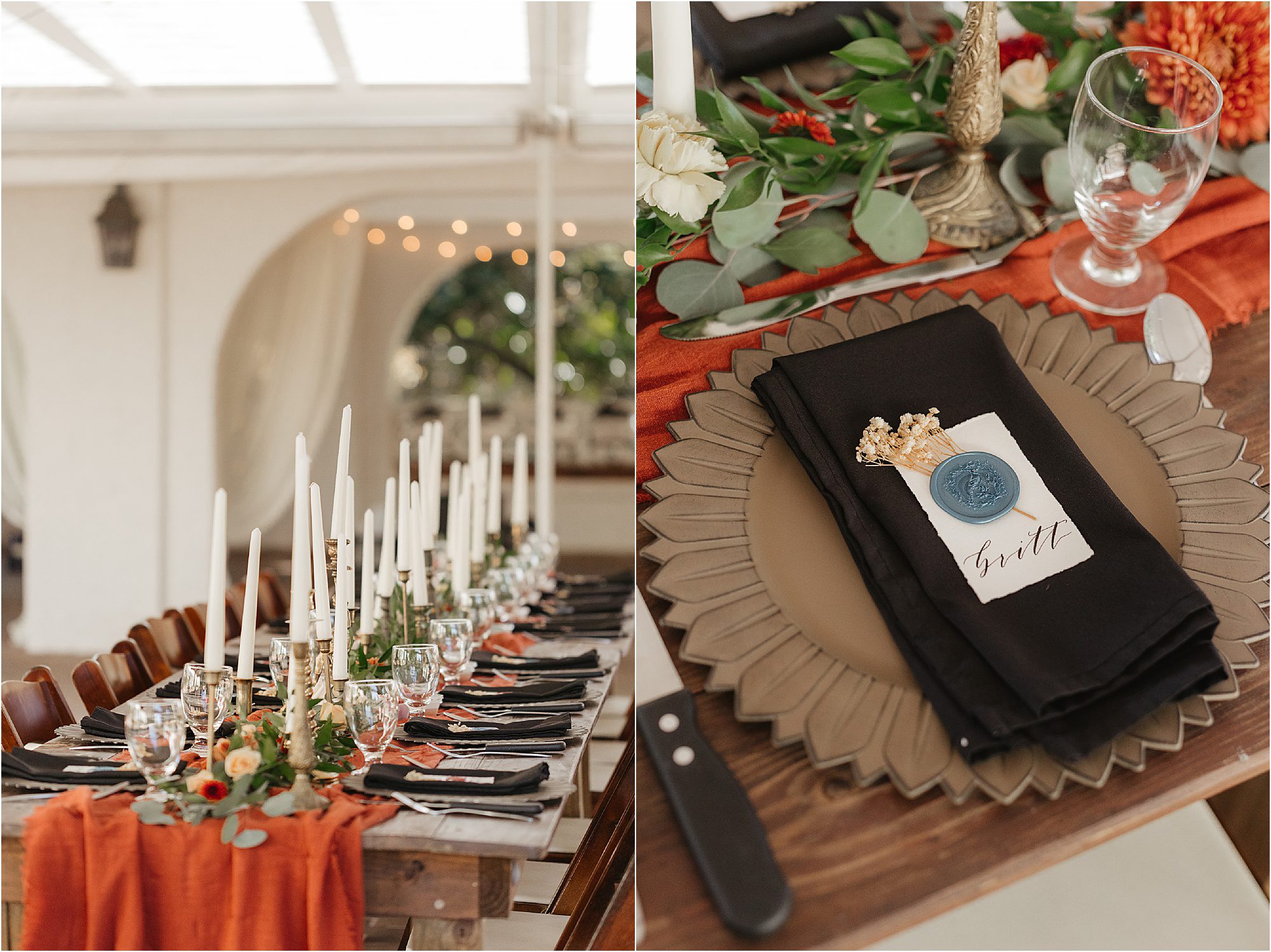 A long, elegantly set dining table for a Sunday wedding features white candles, greenery, and orange accents. A close-up reveals a place setting with a bronze-tone charger, black napkin, and a name card adorned with a blue wax seal.