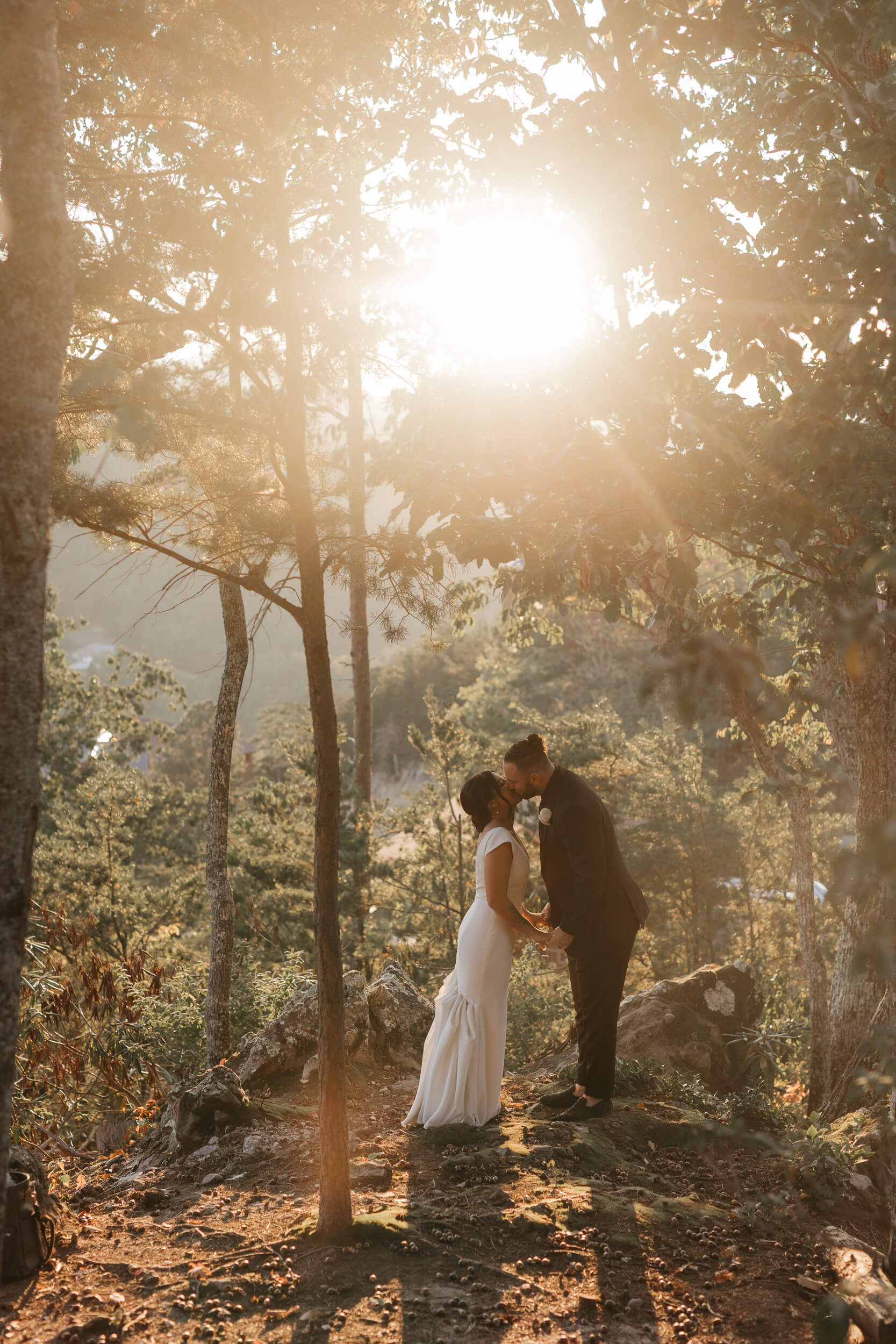 A couple stands facing each other in a forest, bathed in the warm, soft glow of the setting sun. They hold hands on a rocky hill, surrounded by tall trees. The sunlight creates a romantic and serene atmosphere.