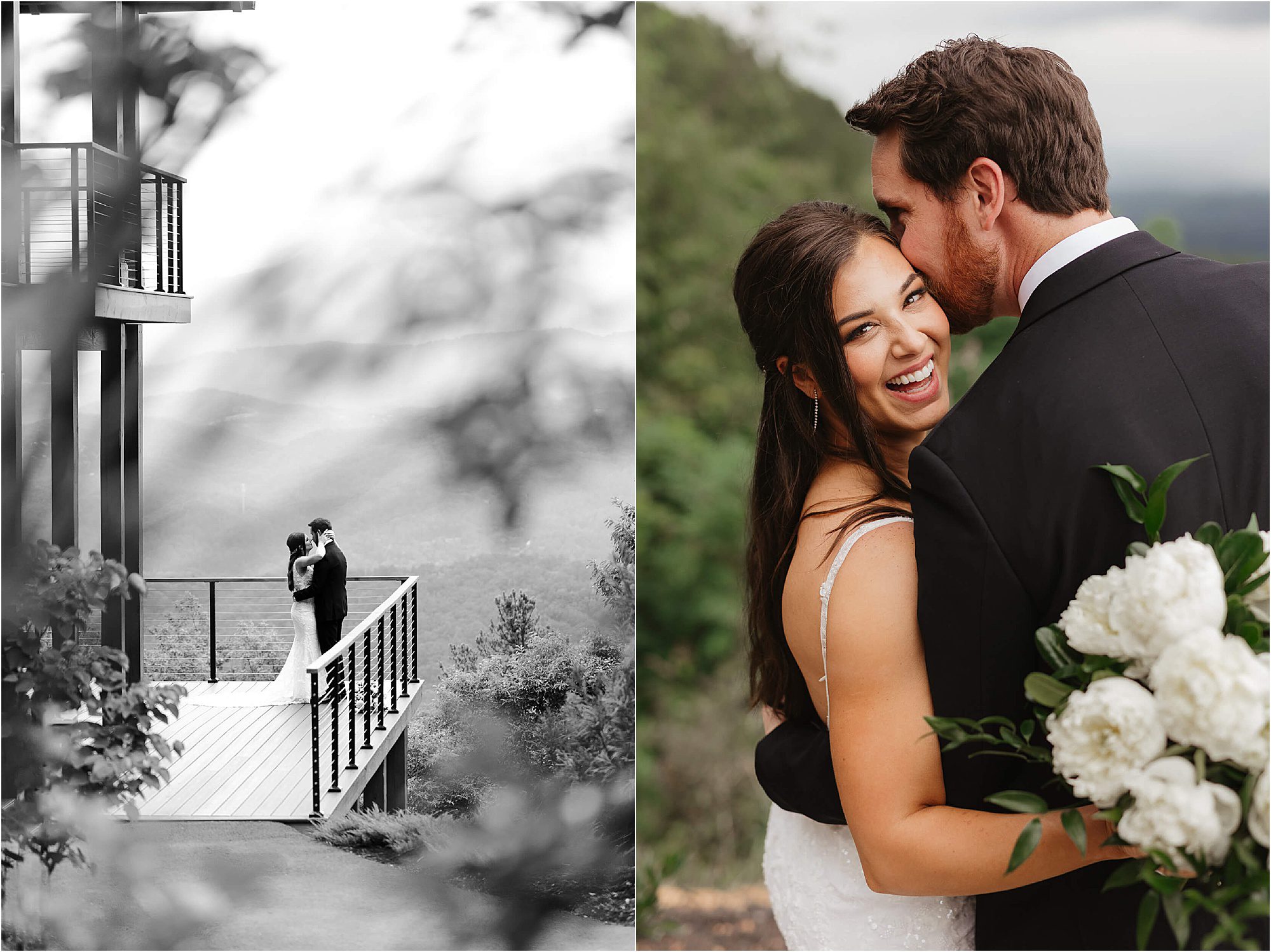 A couple embraces on a balcony at The Trillium Venue, overlooking mountains in one photo. In another, they smile as the man kisses the womans temple while she holds a bouquet of white flowers. The setting is serene and natural.