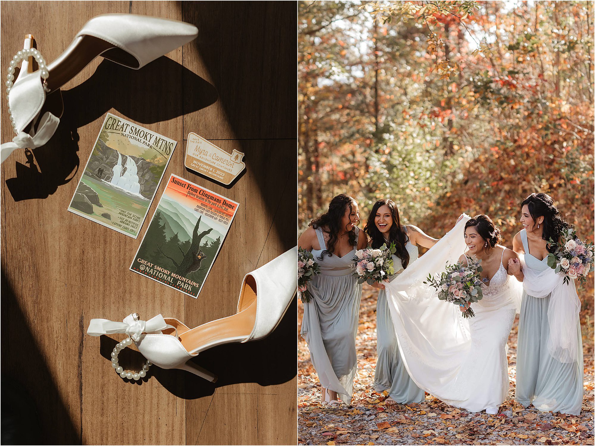 Left side: White bridal shoes and Great Smoky Mountains postcards on a wooden floor at The Trillium Venue. Right side: A bride in a white gown and veil holds a bouquet, posing with three bridesmaids in pastel dresses, surrounded by autumn foliage.