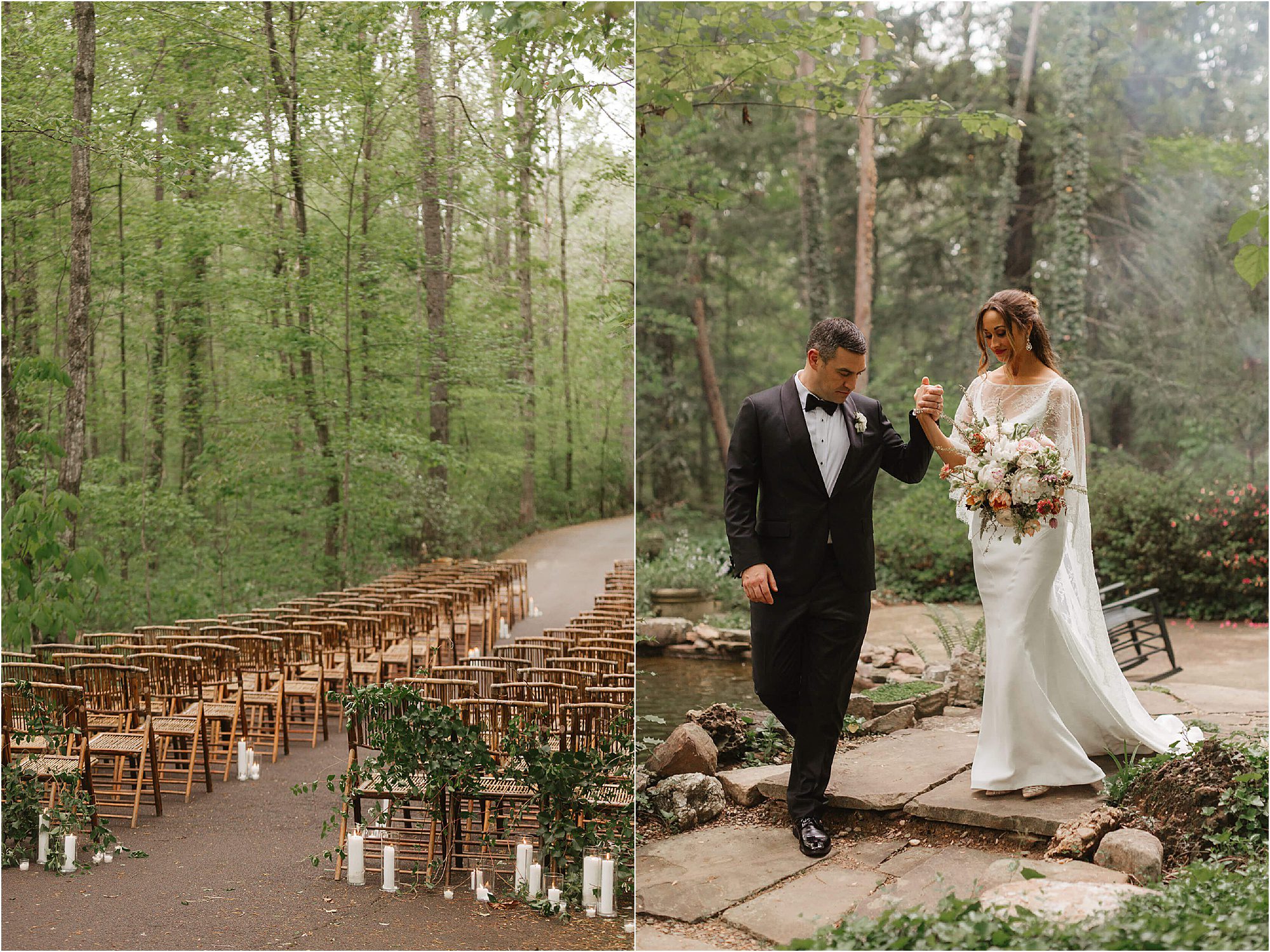 Left side: An outdoor wedding setup at RT Lodge with rows of wooden chairs lined up on a path surrounded by green trees. Right side: A bride in a long white dress holding a bouquet and a groom in a tuxedo strolling together by a small pond.
