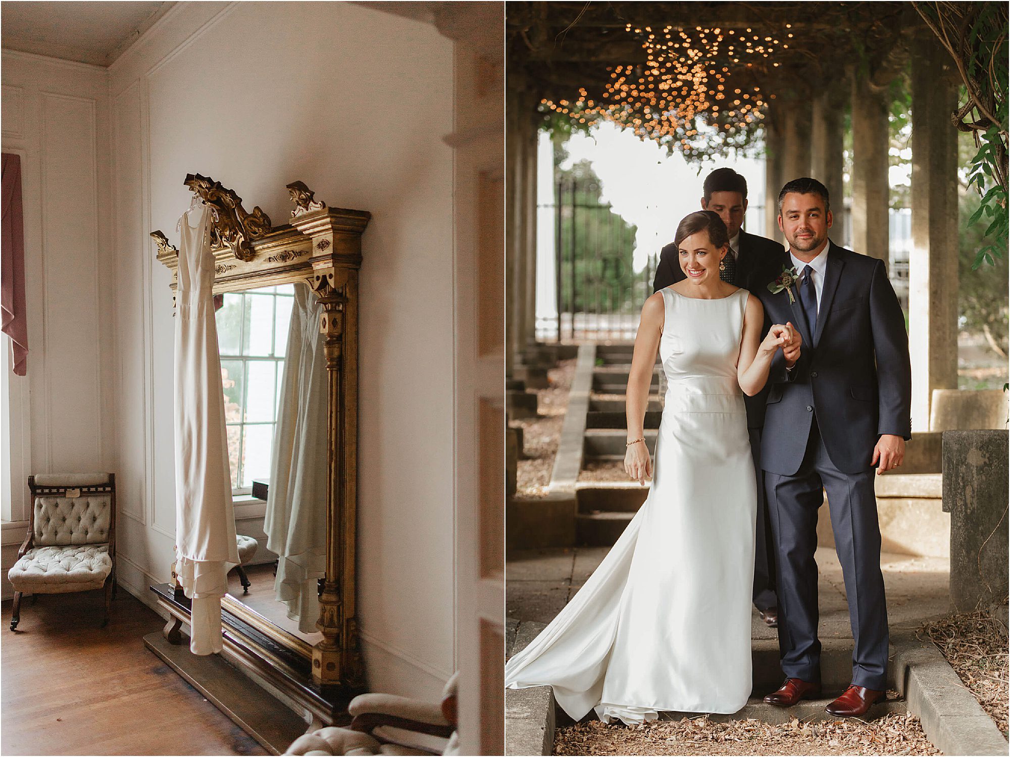 Left: Elegant room with a large ornate mirror and a small chair. Right: A bride in a white dress and groom in a dark suit smiling amidst the verdant charm of Bleak House Knoxvilles garden, where decorative lights twinkle above.