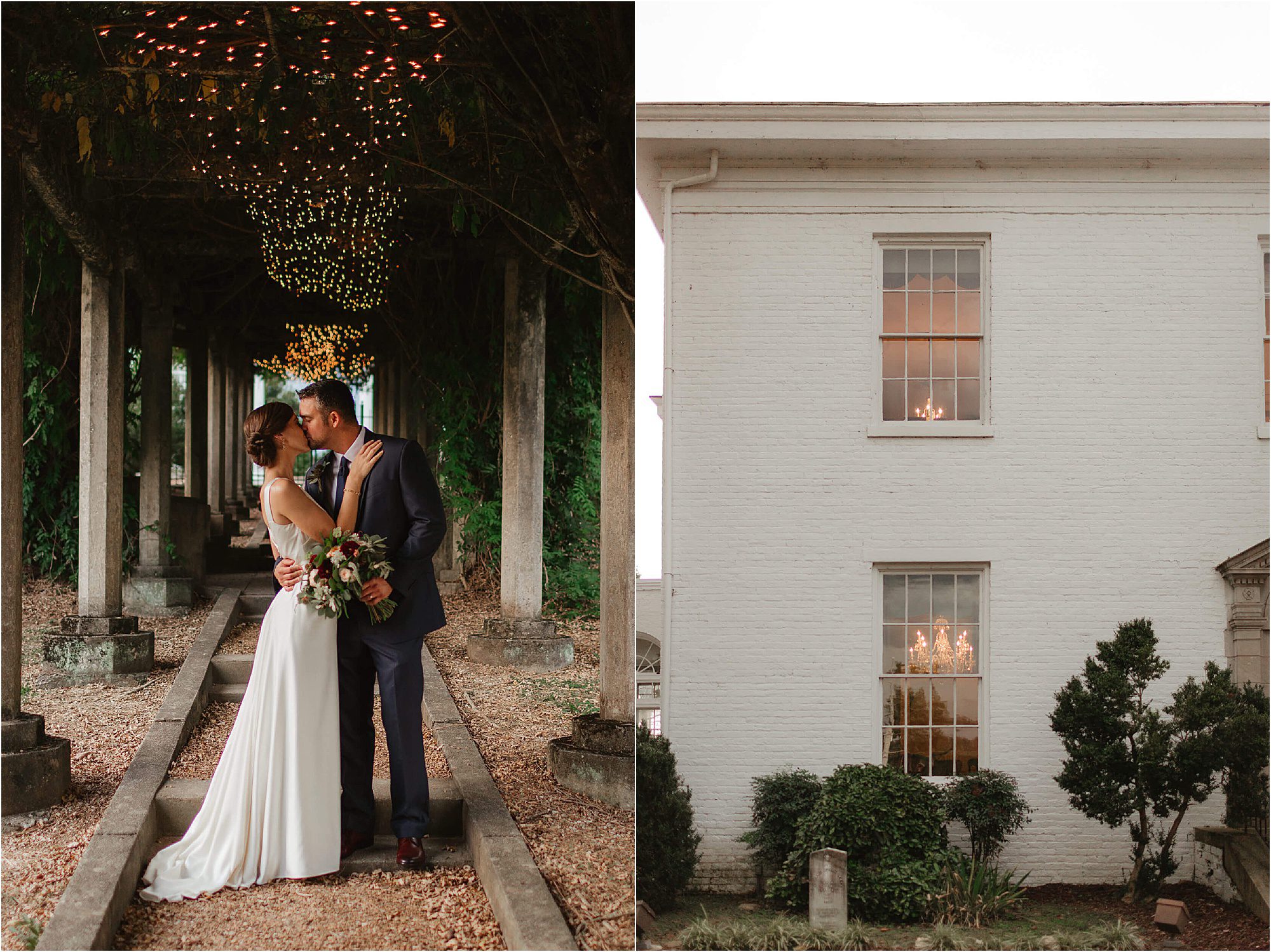 Left: A couple embraces under a vine-covered pergola adorned with string lights. Right: Bleak House, a historic white brick building in Knoxville, features large windows and visible chandeliers inside, surrounded by lush greenery.