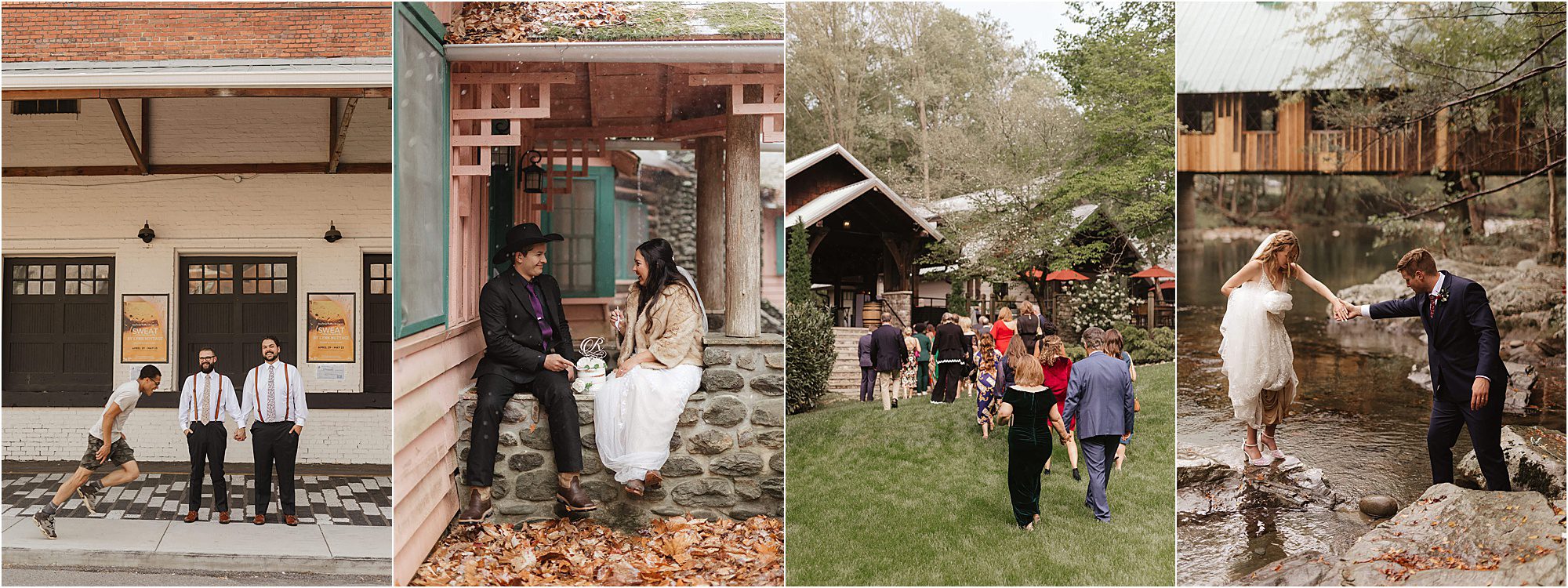 Collage of four photos showcasing styles of wedding photography: Two people walking in front of a building, a couple sitting together on a stone, guests walking towards a venue, and a couple crossing a stream with the help of their partner.