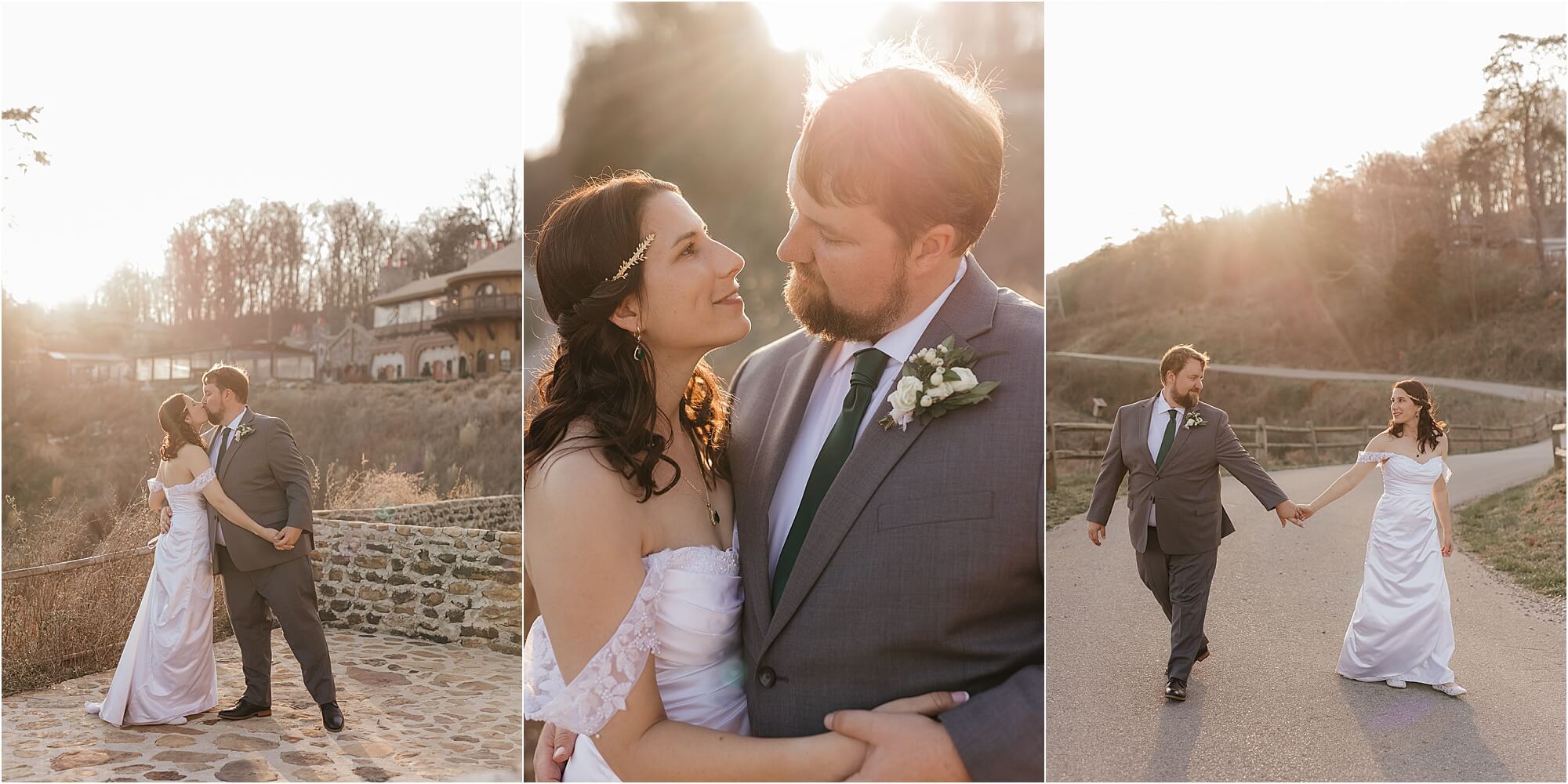Three-panel image of a bride and groom. Left: The couple embraces on a stone path. Middle: Close-up of the couple gazing at each other lovingly. Right: They hold hands and walk on a sunny path. Both appear happy and dressed in wedding attire.