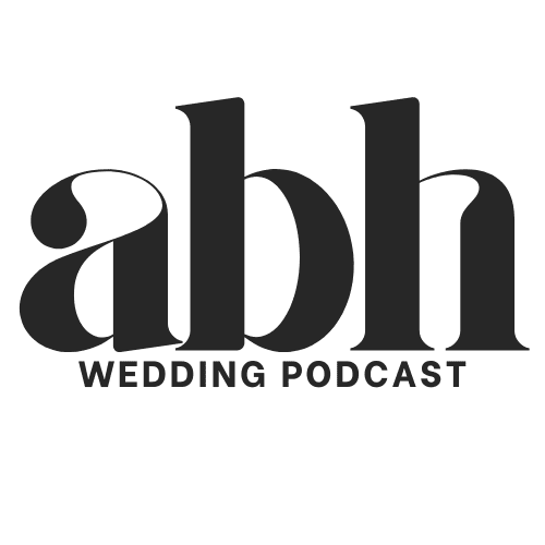 Black logo with large lowercase letters abh above the words WEDDING PODCAST in uppercase letters, all on a transparent background.