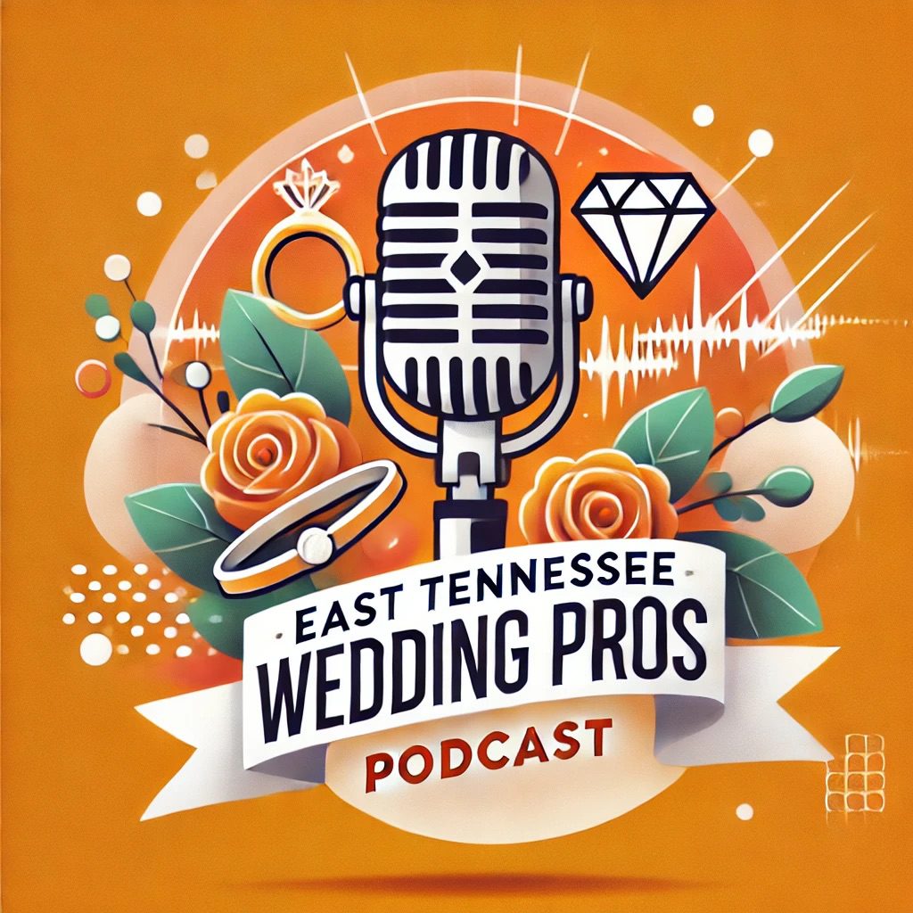 Illustration of a vintage microphone surrounded by orange roses and wedding icons like rings and diamonds on an orange background. Text reads East Tennessee Wedding Pros Podcast. Soundwaves and abstract dots complete the design.
