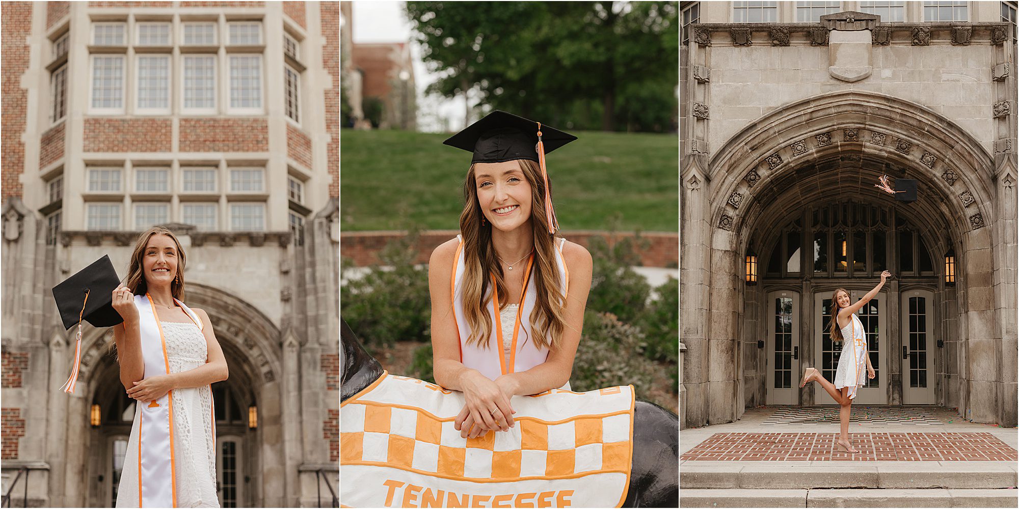 A young woman in a graduation cap and white dress poses proudly outside a university building, smiling and holding a Tennessee banner, and cheerfully tossing her cap in the air.