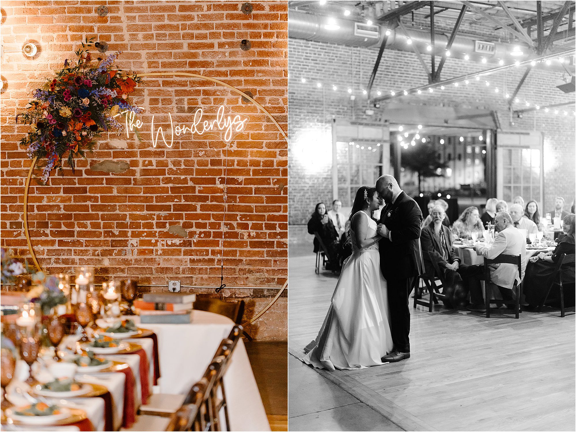 A wedding reception scene at the Mill and Mine: on the left, a decorated table sits below a neon sign reading “The Wonderlys”; on the right, a couple shares a first dance as guests watch in the warmly lit venue.