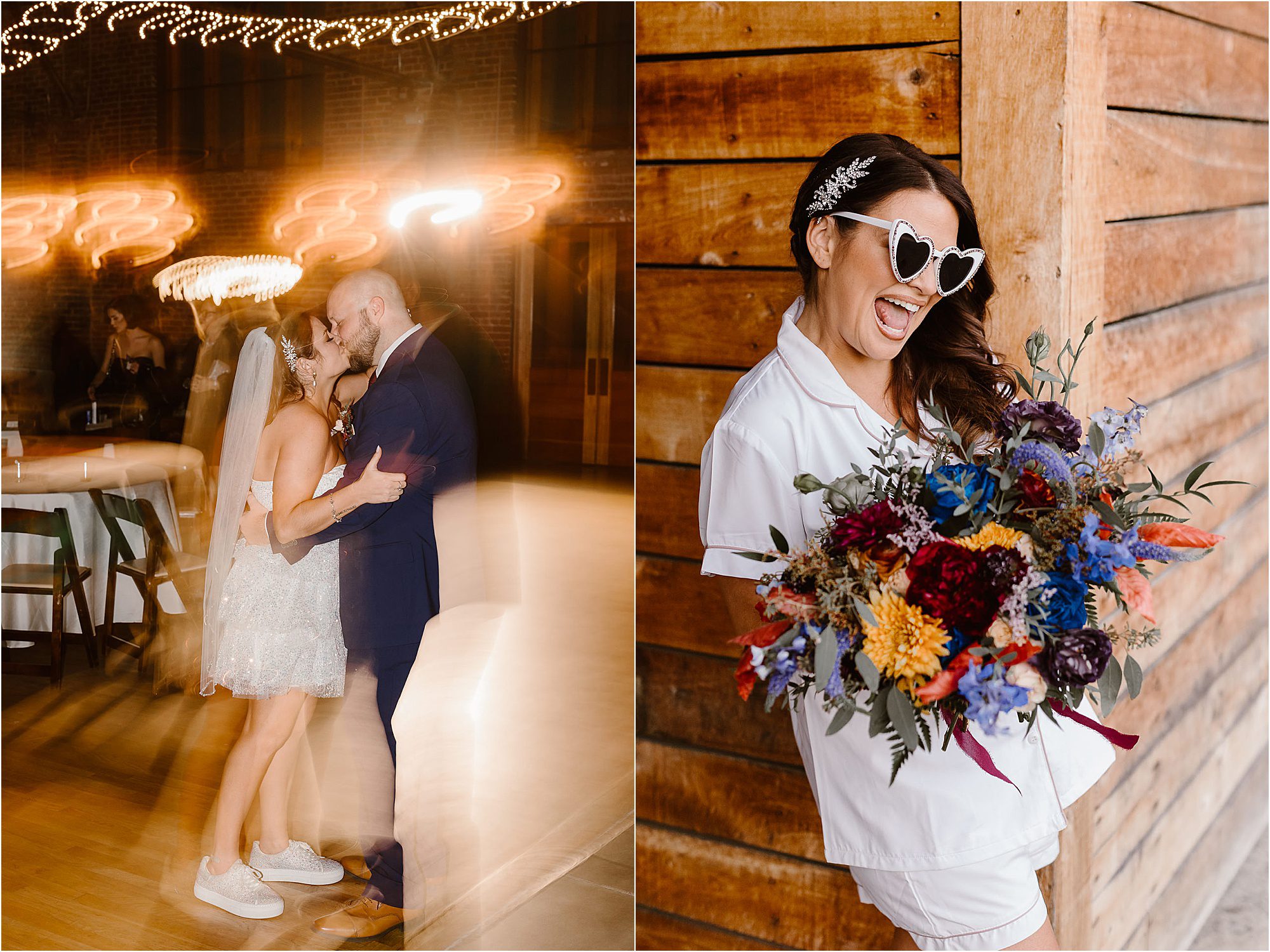 Diptych: On the left, a bride and groom share a blurry, joyful dance under the warm lights at the Mill and Mine. On the right, the bride in white pajamas and heart sunglasses smiles, holding a colorful bouquet by a wooden wall.