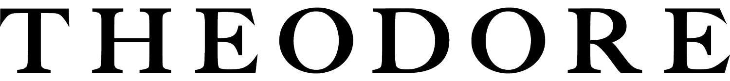 The word THEODORE is displayed in large, bold, black capital letters with a classic serif font on a transparent background.