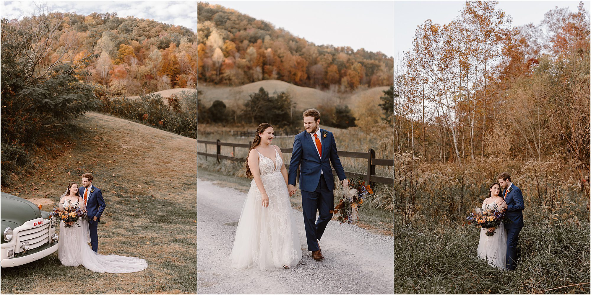 A bride in a white dress and a groom in a blue suit pose outdoors amid autumn foliage at 4 Points Farm; they stand by a vintage truck, walk on a gravel road, and embrace in tall grass surrounded by colorful trees.
